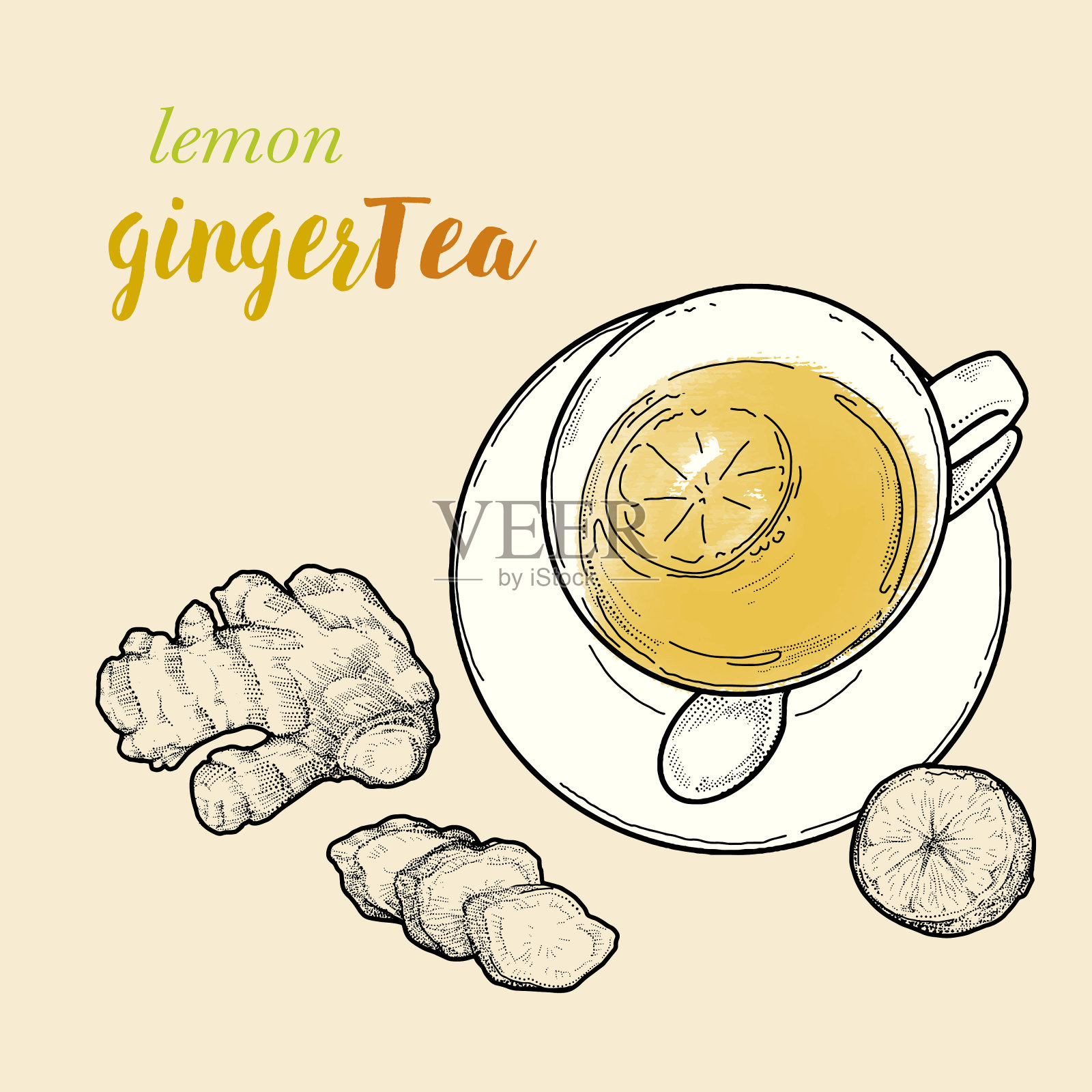 手绘健康饮品矢量图,柠檬姜茶复古风格,点线雕刻绘制。插画图片素材