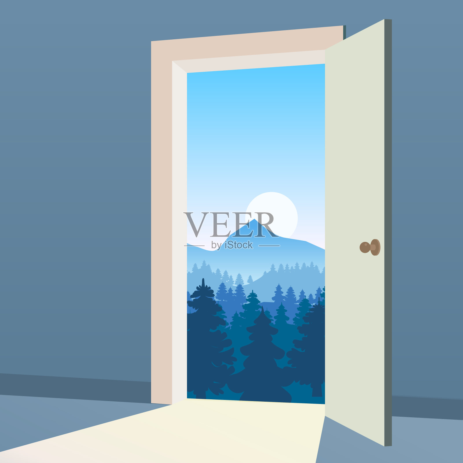 打开通往自然之路的大门。景观山谷森林,山川,象征自由,新出路,发现,机遇。对现实世界的动机概念。矢量插图卡通风格海报横幅插画图片素材