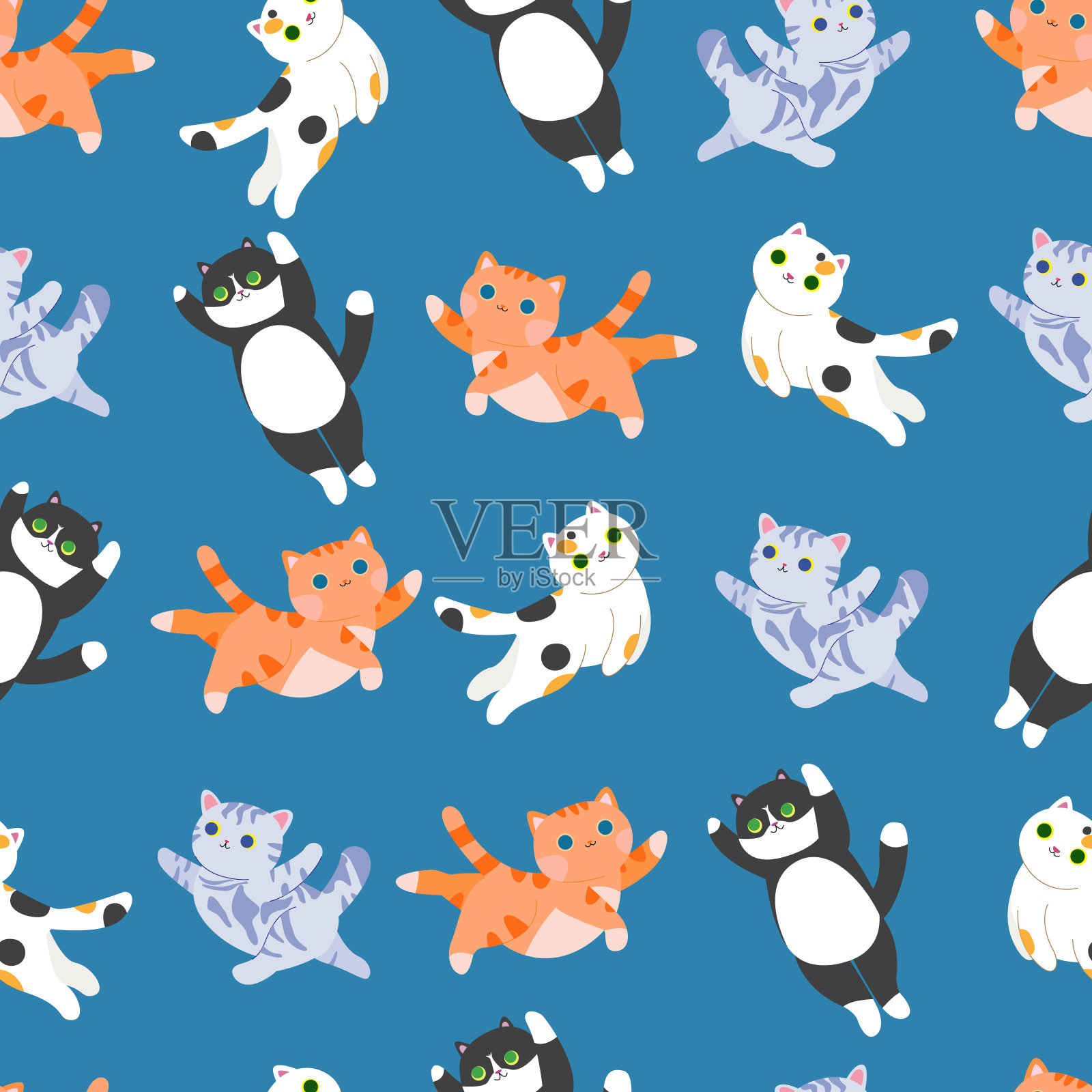 猫。无缝模式与小猫。三色,条纹和红色的猫。虎斑猫。库存矢量无缝纹理与宠物。插画图片素材