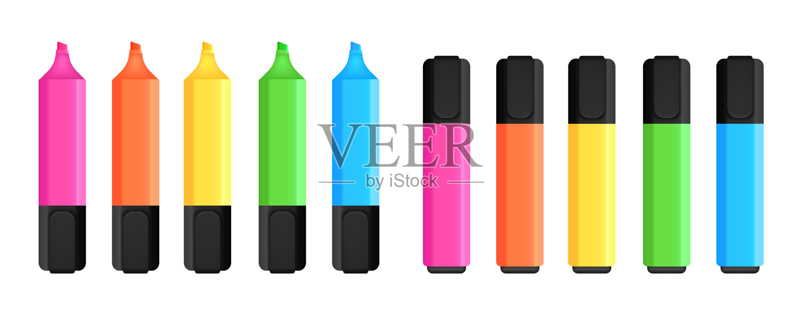 彩色钢笔笔套。现实的高光画。文本标记集合。办公文具。矢量插图。插画图片素材