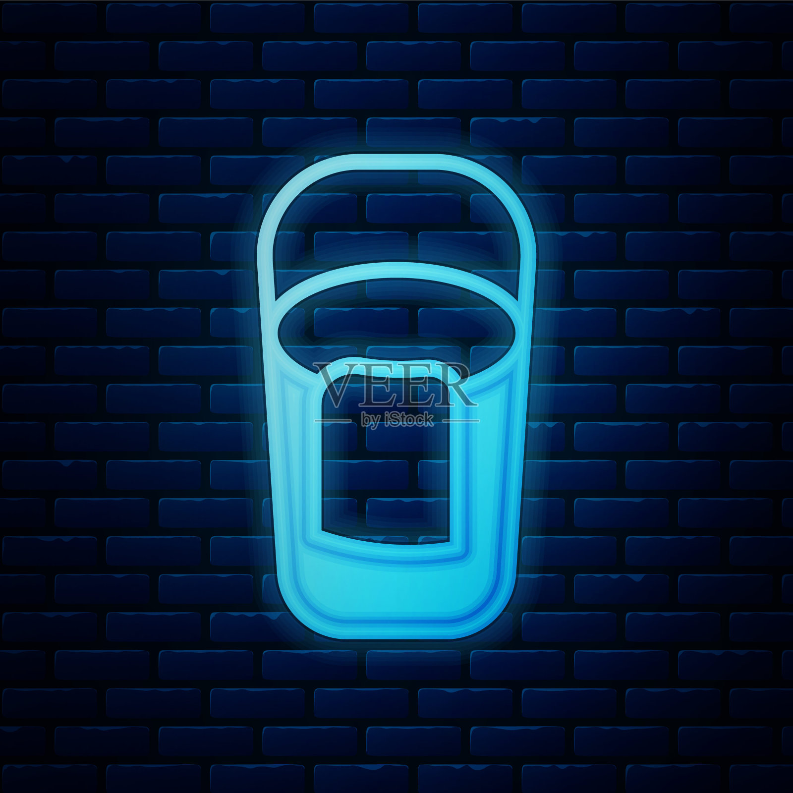 发光的霓虹灯桶与rag图标孤立在砖墙背景。清洁服务理念。向量插画图片素材