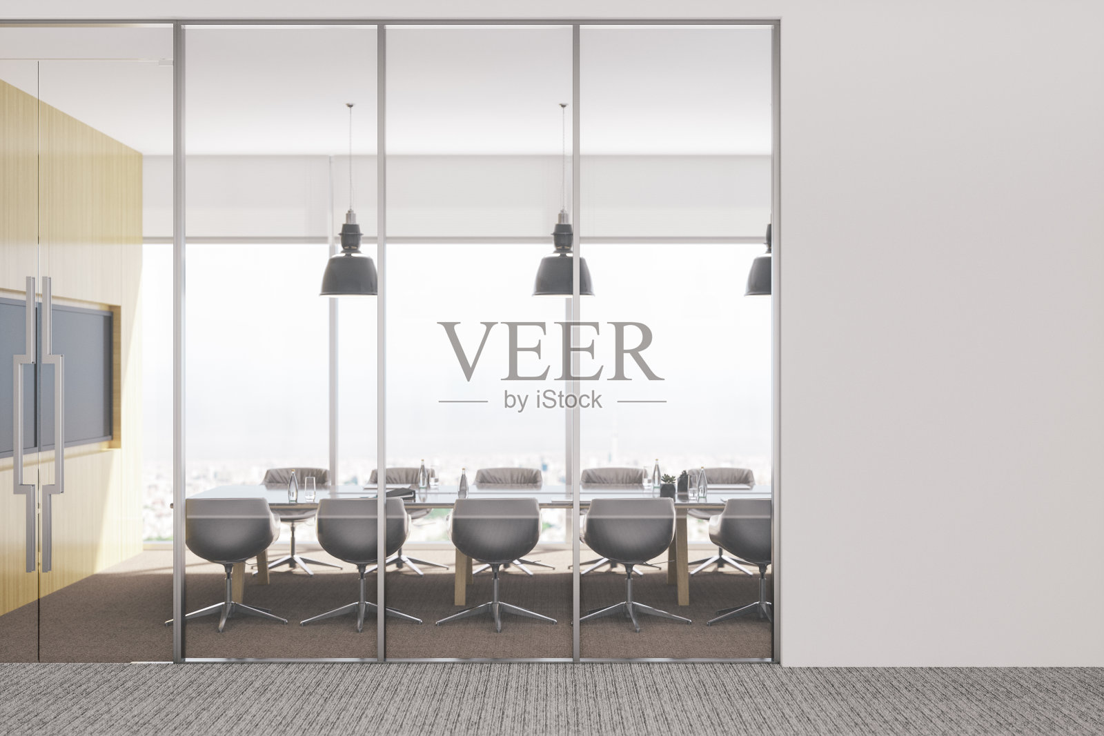 现代空办公室会议室与白色空白墙照片摄影图片