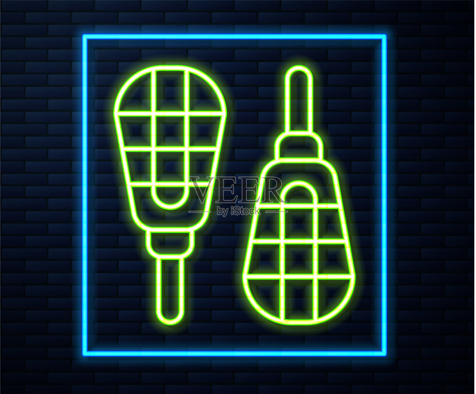 发光的霓虹灯线雪鞋图标孤立在砖块上插画图片素材