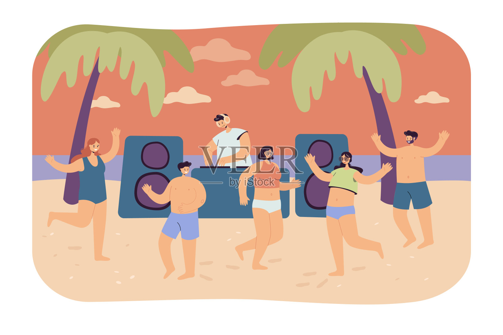 卡通人物在夏天的海滩上跳舞插画图片素材