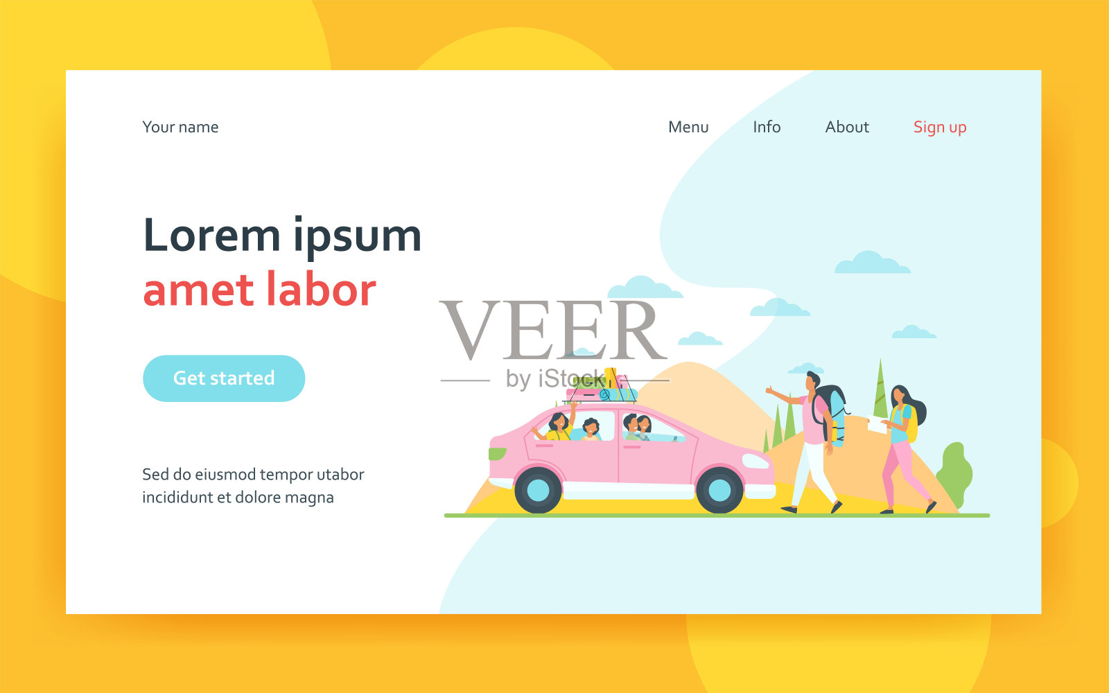 两名游客在路上追赶汽车插画图片素材