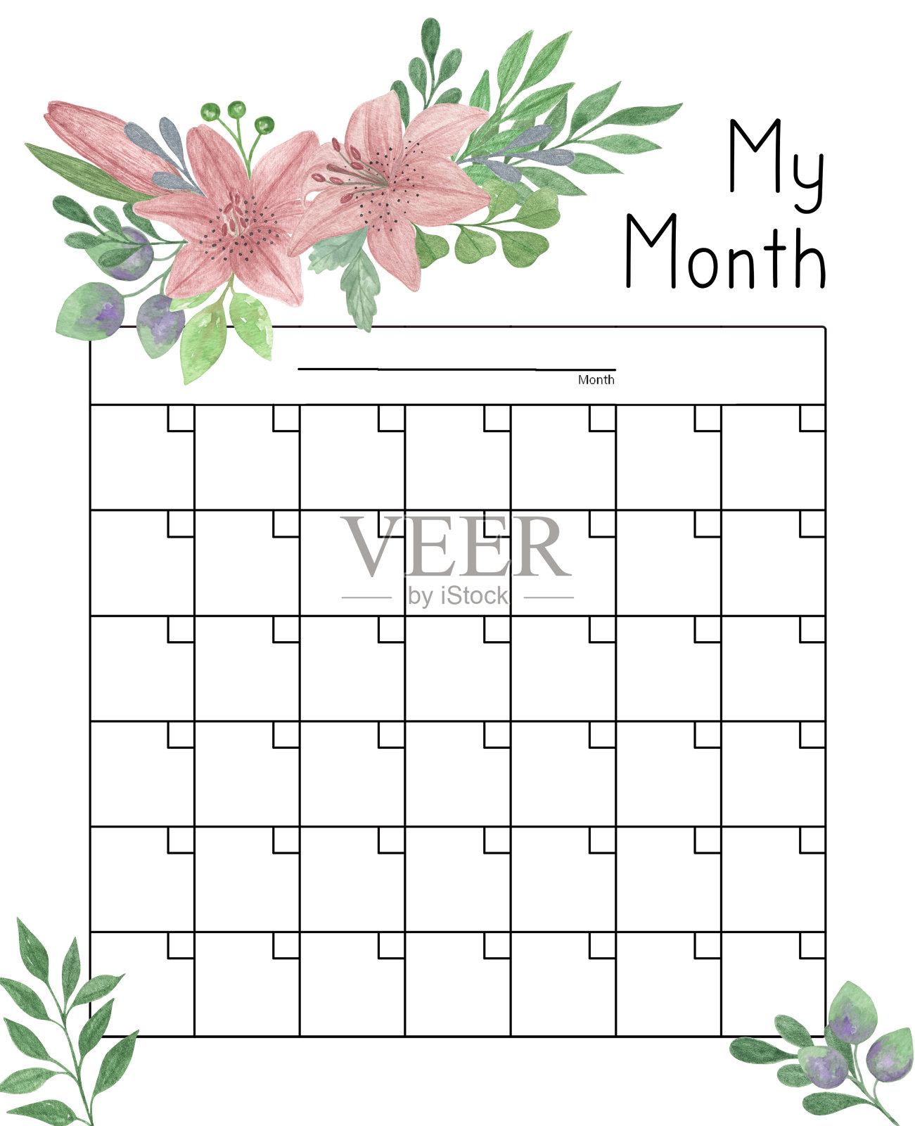 日历网格花卉装饰水彩插图,空白打印模板,日期每月计划页设计模板素材