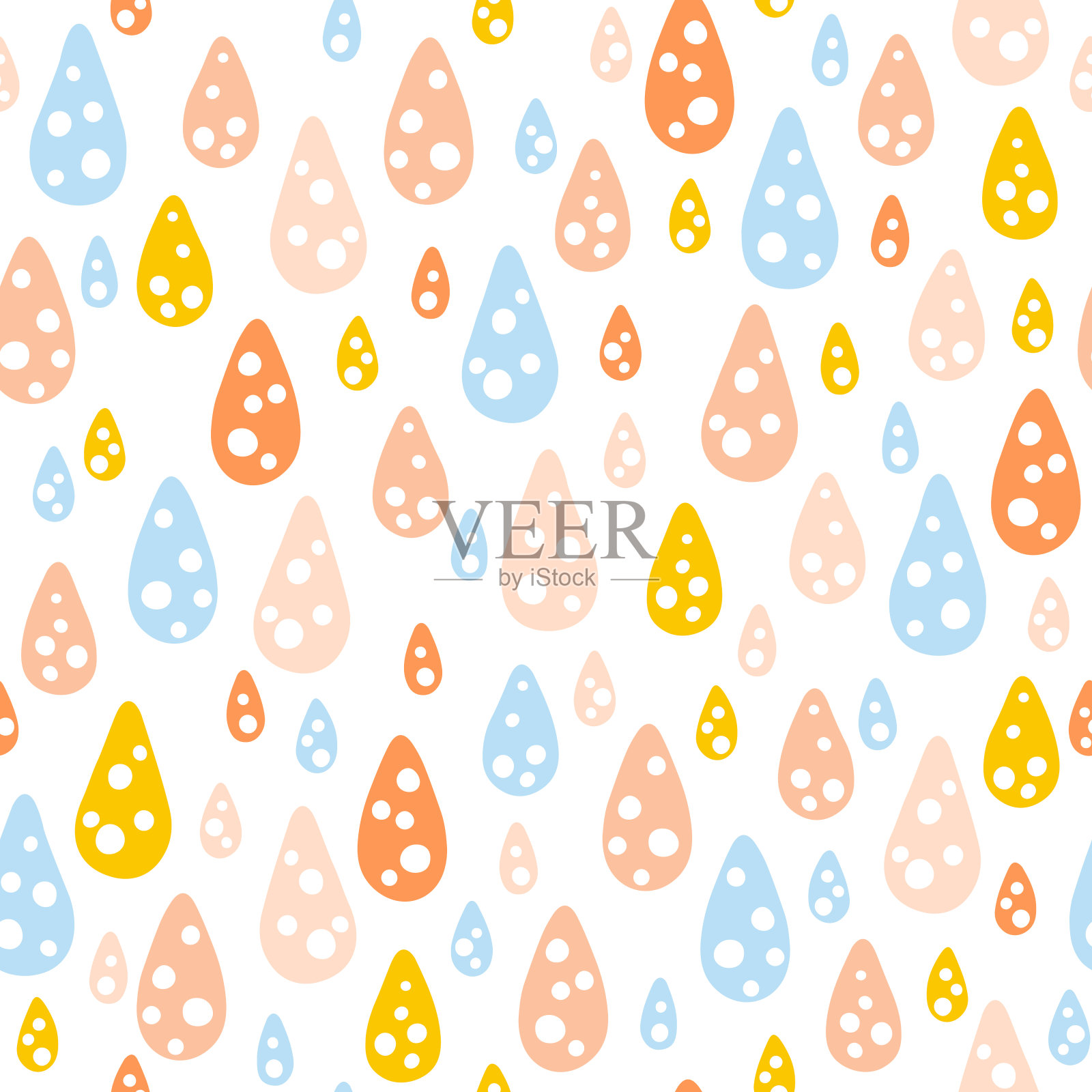 彩虹雨滴苗圃无缝模式。矢量背景与可爱的婴儿淋浴元素在简单的手绘斯堪的纳维亚卡通涂鸦风格。有限的粉彩调色板理想的印刷插画图片素材