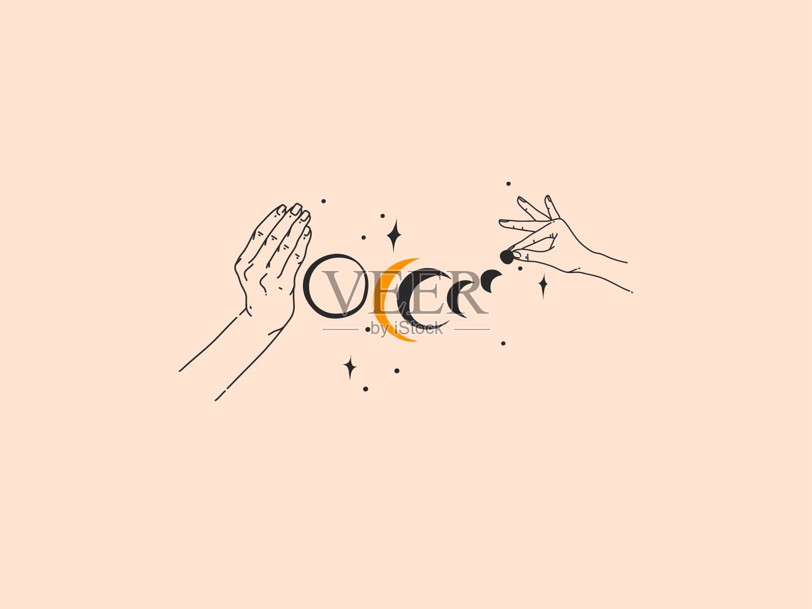 手绘矢量抽象股票平面图形插图与标志元素,女性时尚魔术线艺术手触摸月亮和星星在简单的风格为品牌,孤立的颜色背景插画图片素材