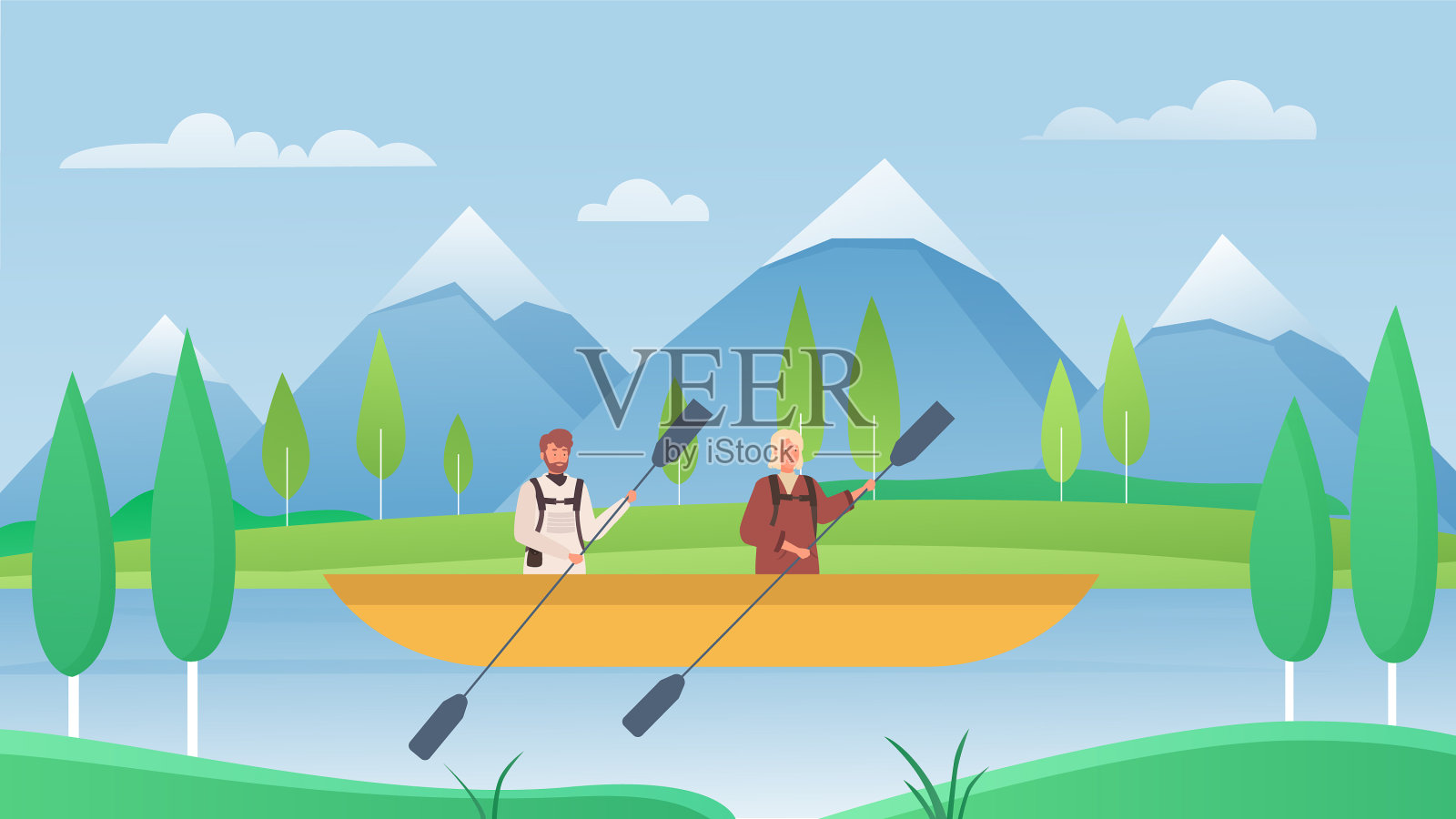 人们在河里划独木舟,游客坐在里面插画图片素材