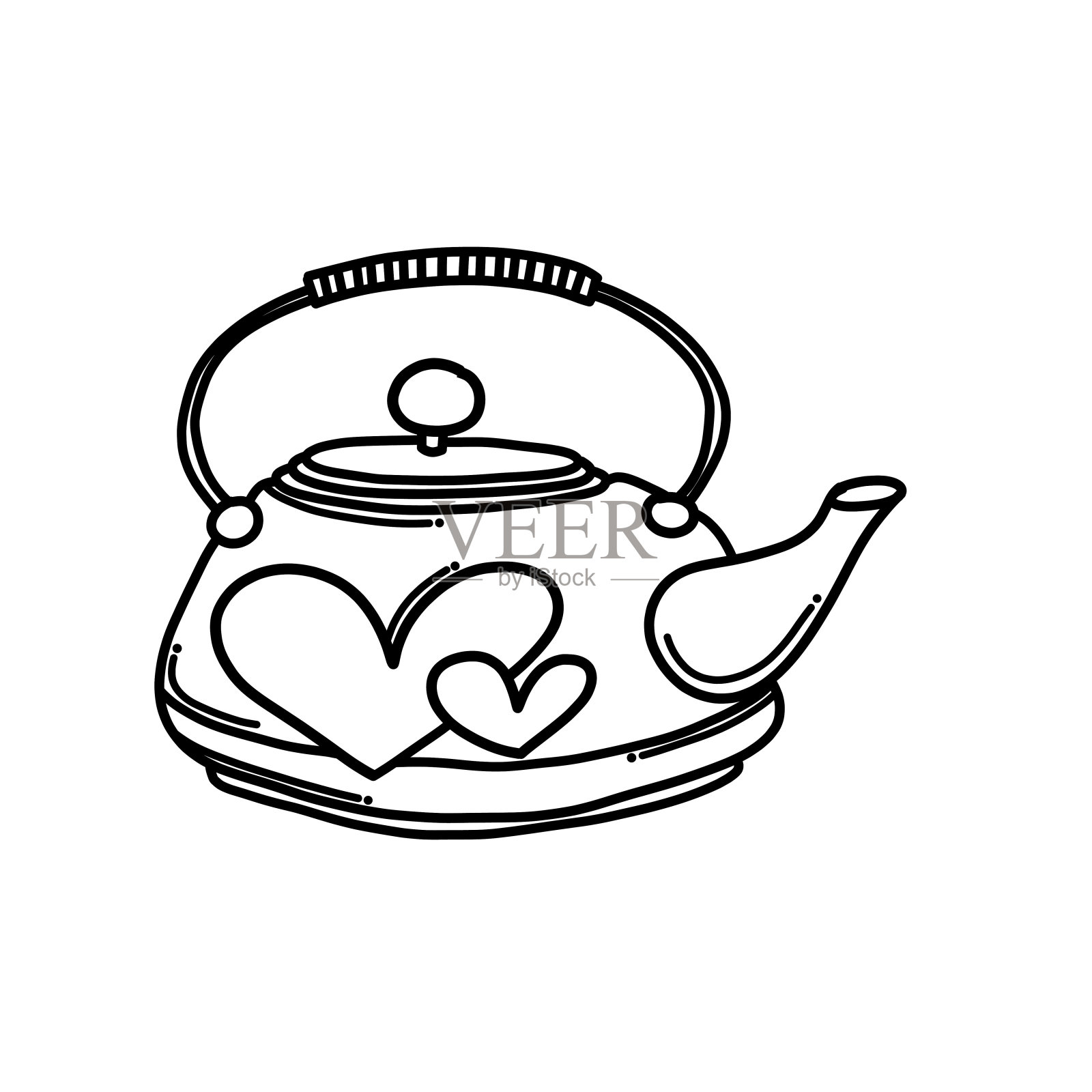 茶壶与心涂鸦矢量图标。手绘素描插图卡通线eps10插画图片素材