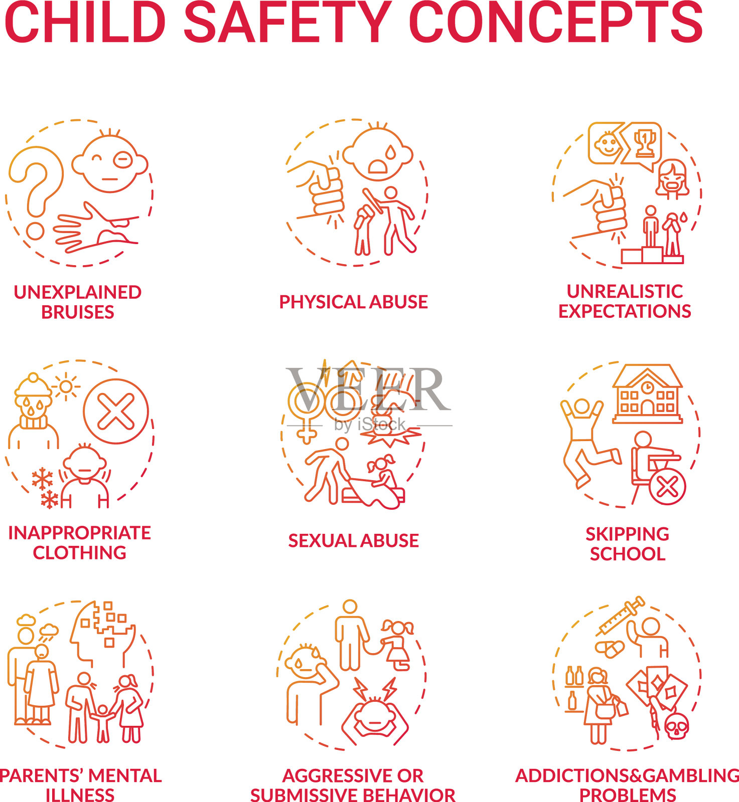 儿童安全红色渐变概念图标集图标素材