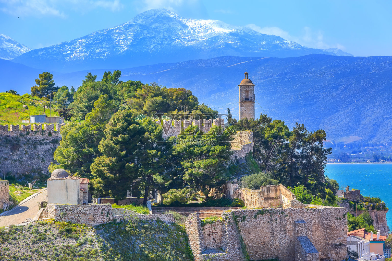 纳夫普利奥,希腊教堂鸟瞰图照片摄影图片