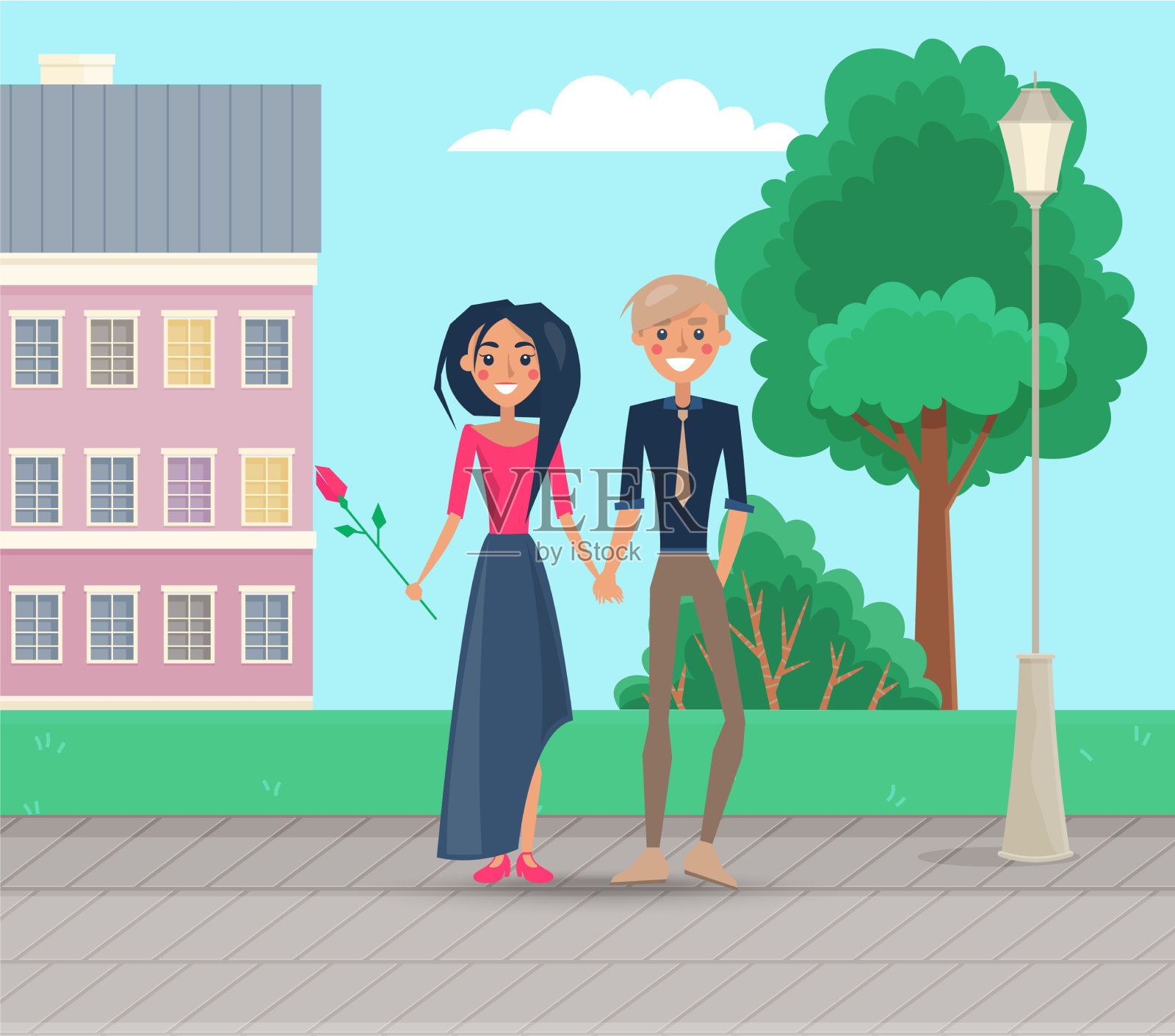 一对情侣在城市公园里散步插画图片素材