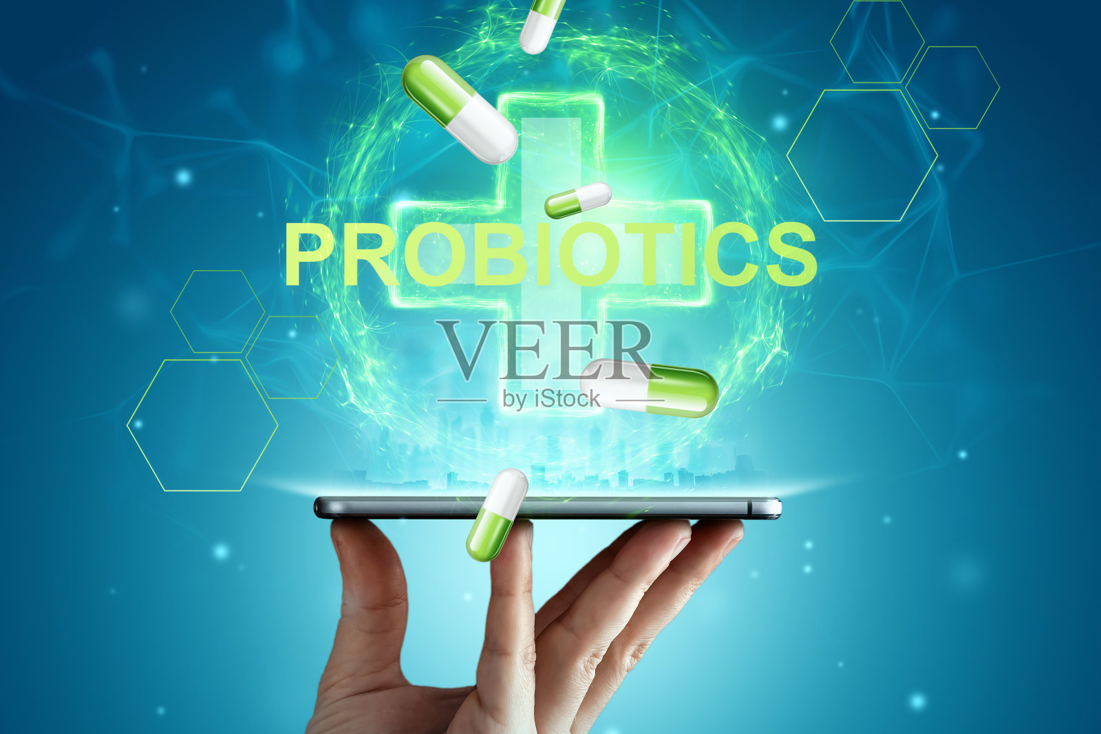 医疗十字全息图和铭文益生菌。饮食的概念,肠道菌群,微生物,健康消化。照片摄影图片