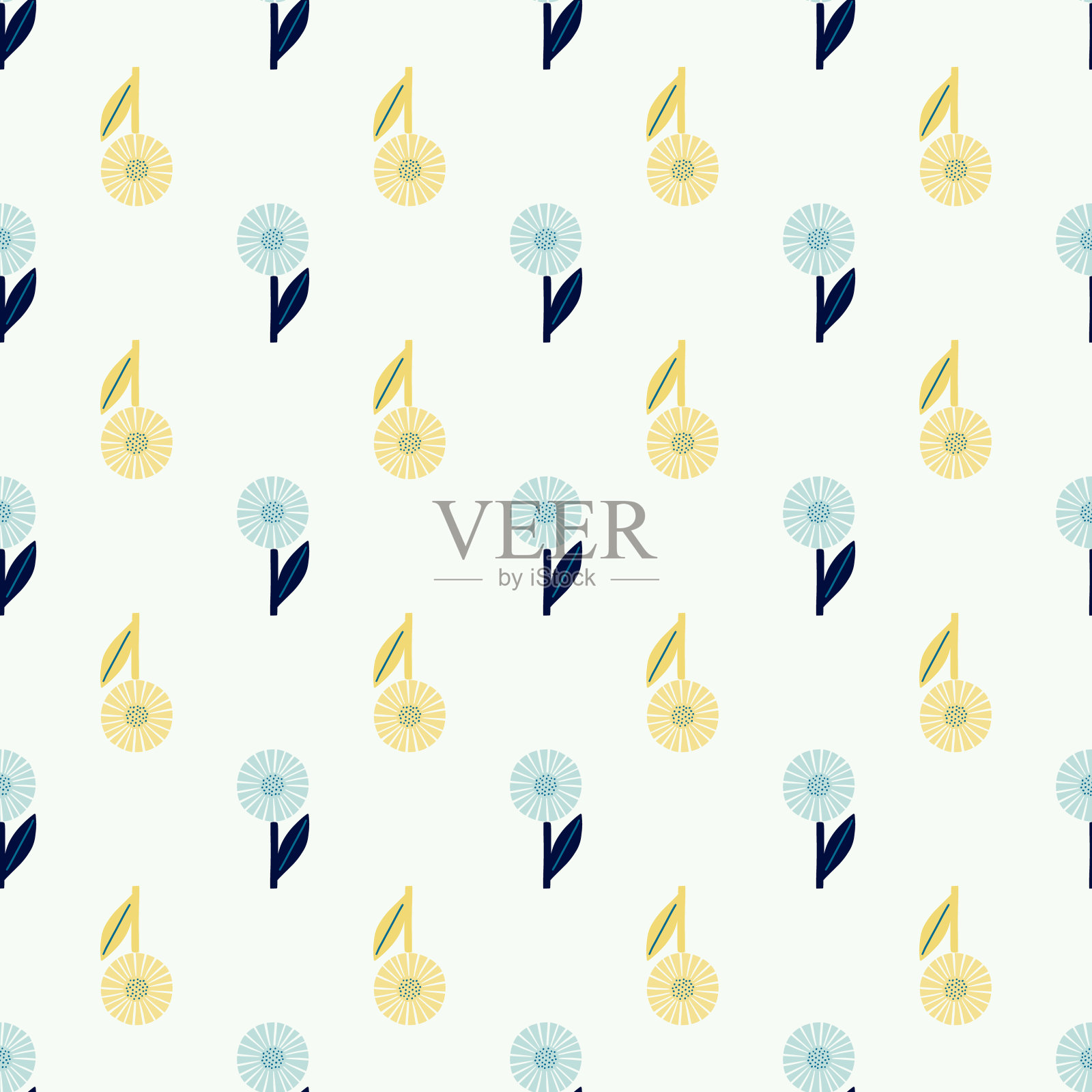 植物无缝隔离图案与橙色和蓝色几何花卉印花。白色backround。插画图片素材