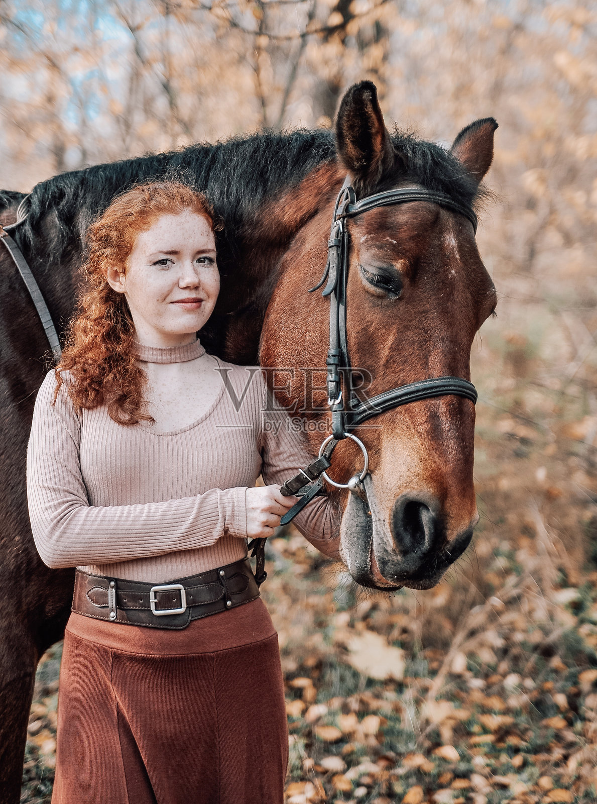 美丽的红发女人和马在户外的肖像。照片摄影图片