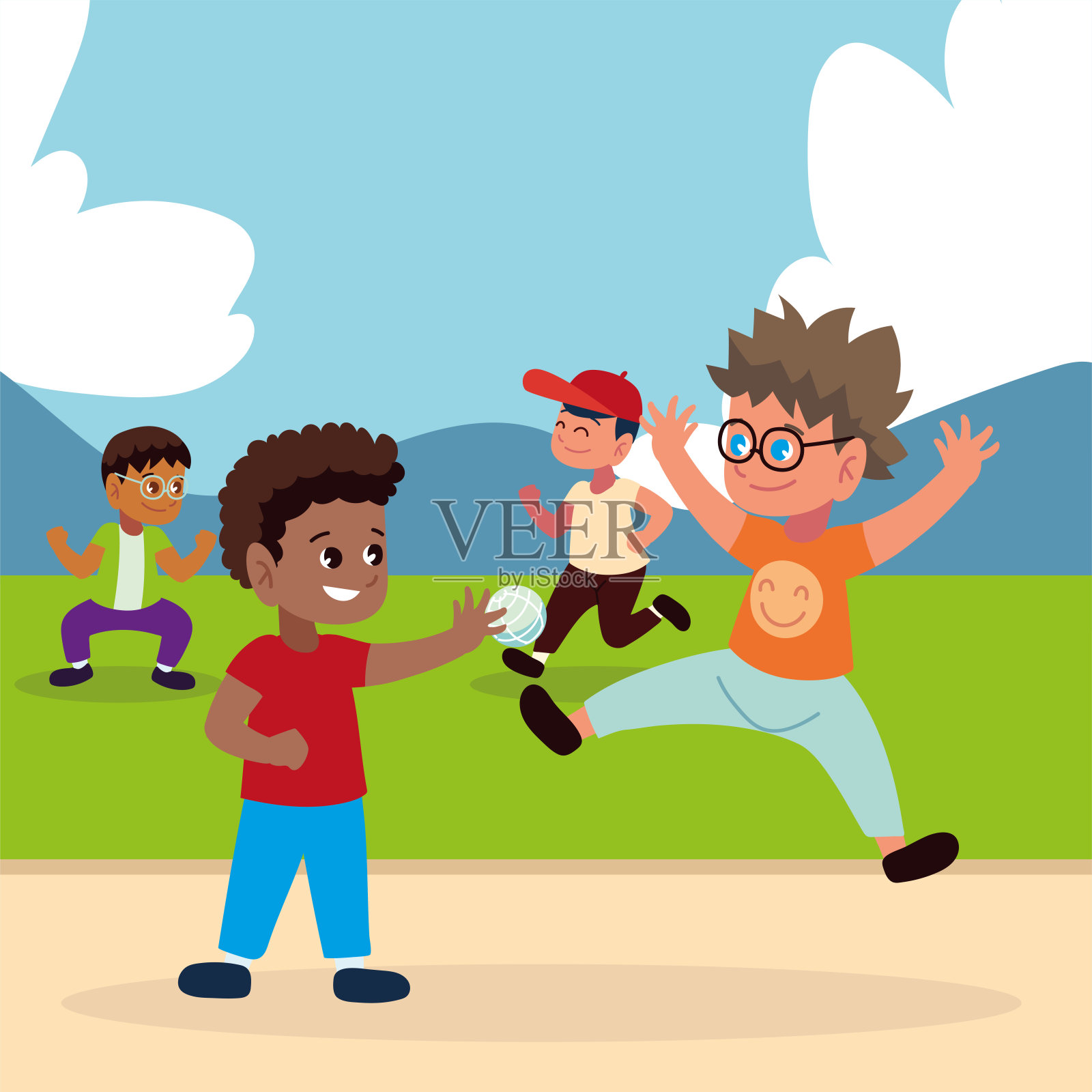 男孩们在公园里玩耍插画图片素材