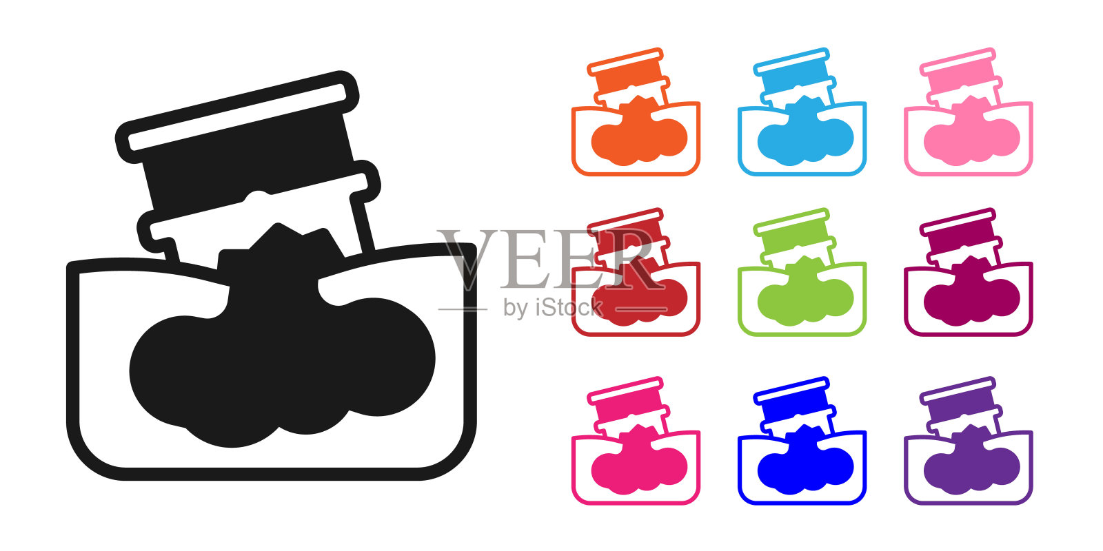 黑桶漏油图标孤立在白色背景。设置图标丰富多彩。向量插画图片素材