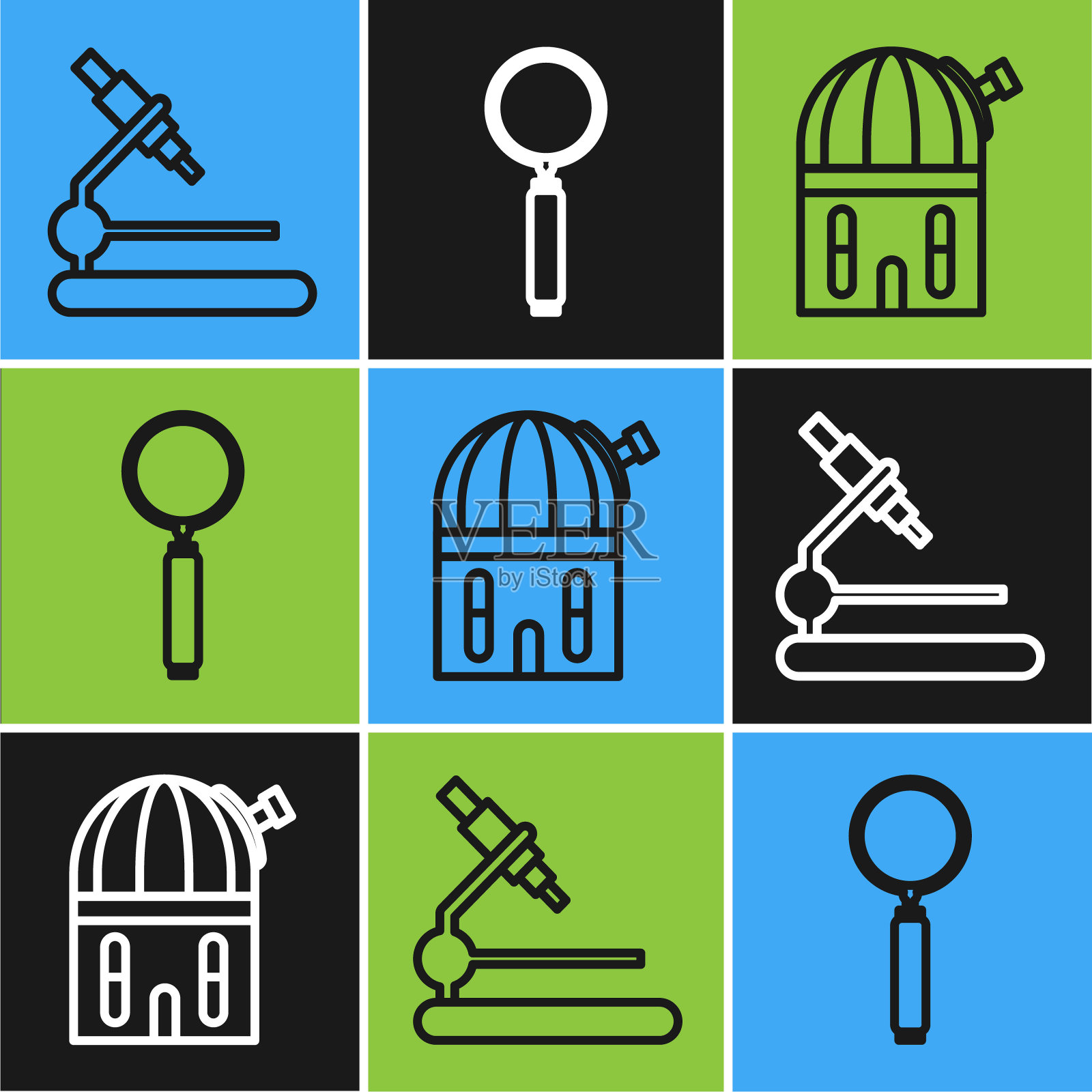 设置线显微镜,天文台和放大镜图标。向量插画图片素材