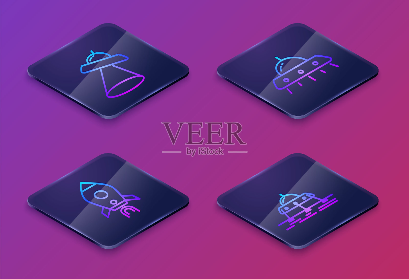 设置飞碟飞行飞船、带火火箭飞船、飞碟飞行飞船、火星漫游者等等距线。蓝色方块按钮。向量图标素材