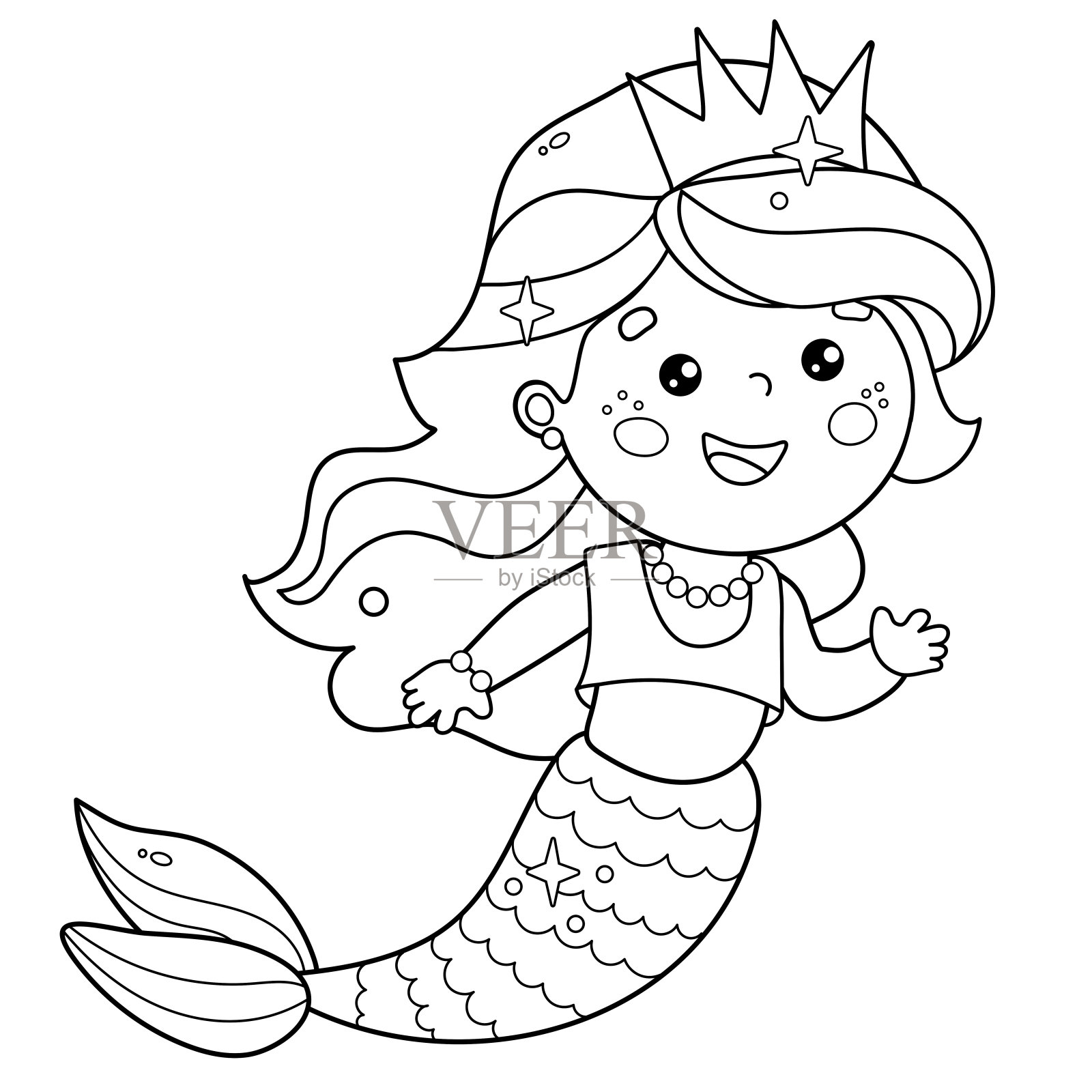 美丽的卡通小美人鱼的涂色页轮廓。海洋公主。水下世界。儿童涂色书。插画图片素材