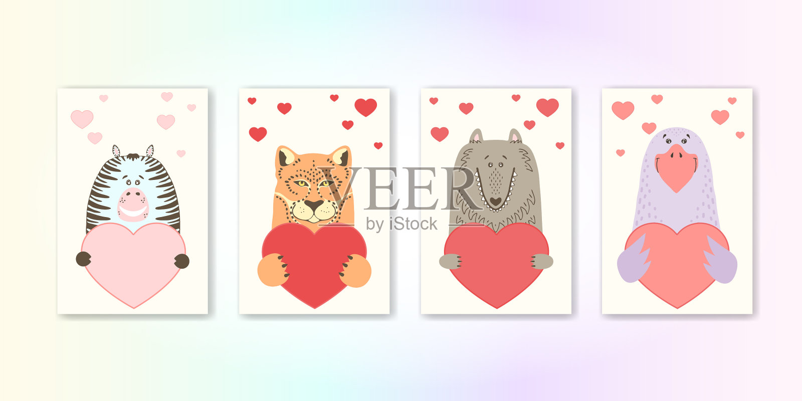 可爱的卡通动物持有一个心形标志与复制插画图片素材