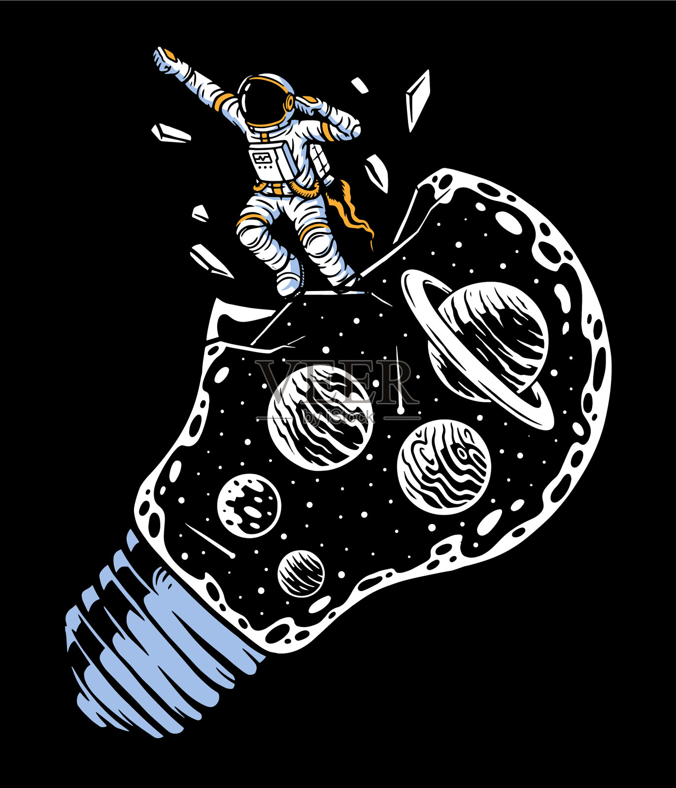 宇航员飞出灯泡宇宙插画图片素材