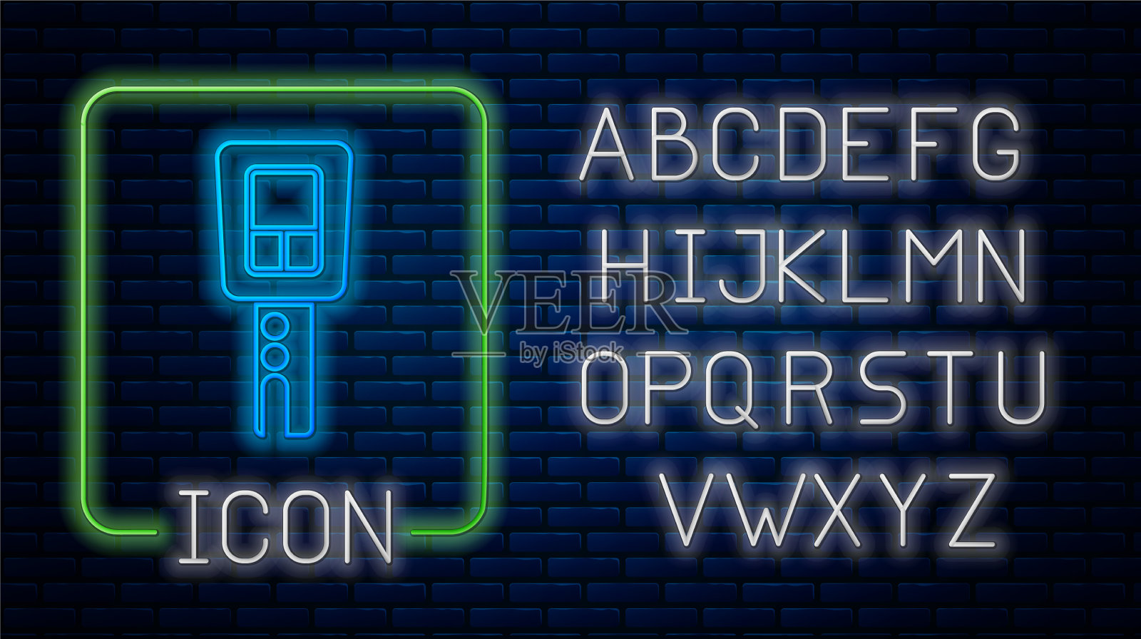 发光的霓虹灯汽车钥匙与远程图标隔离插画图片素材