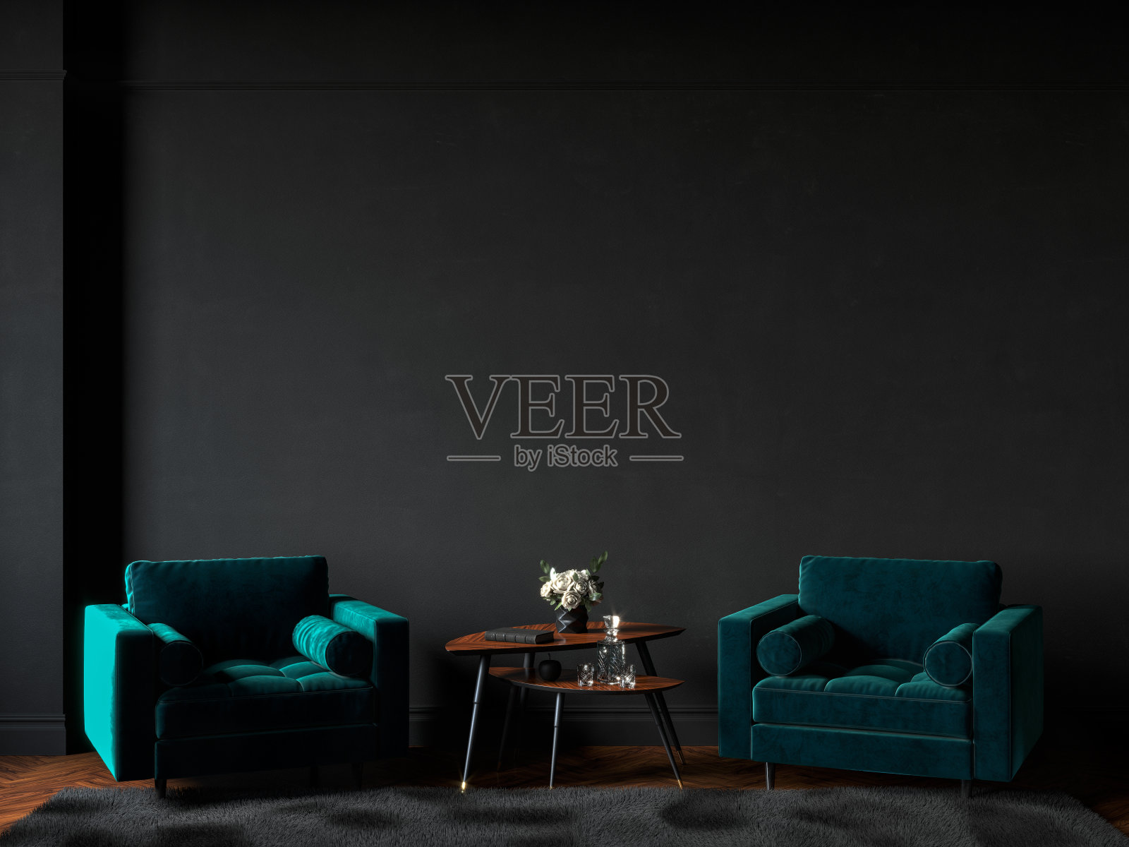 黑色内饰,绿色丝绒扶手椅,毛皮地毯和装饰。3d渲染插图模型。照片摄影图片