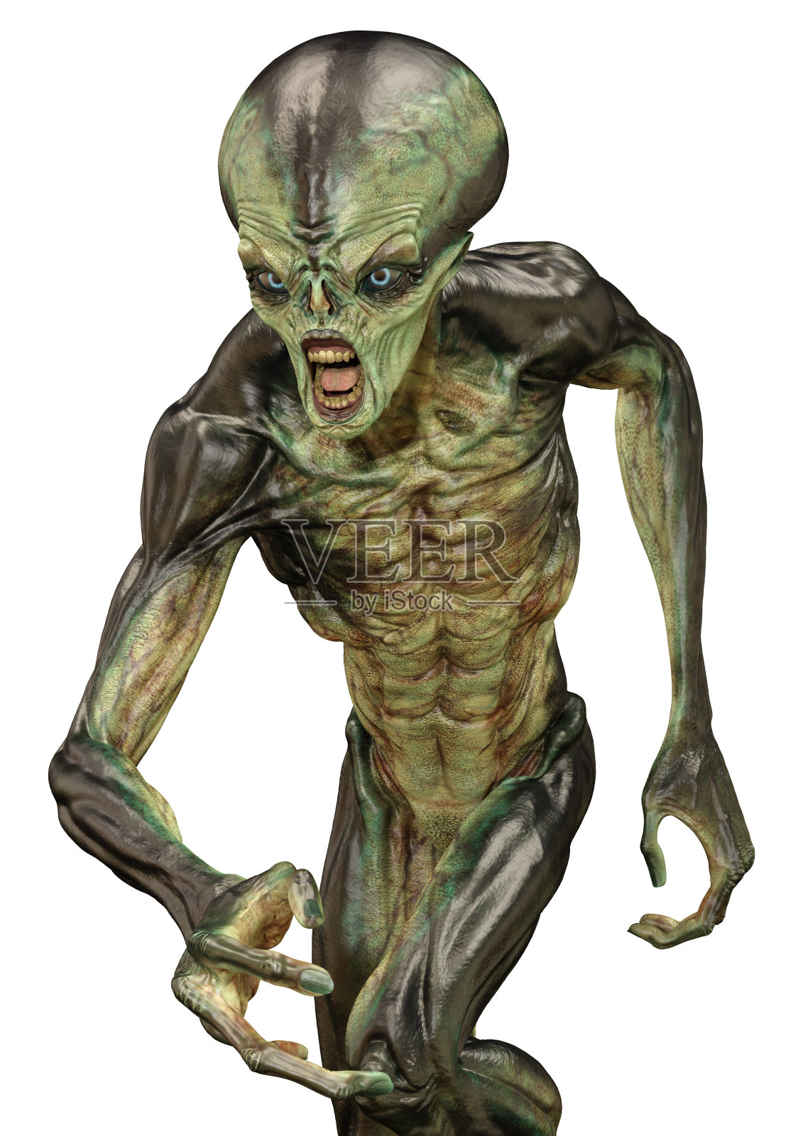 3D插图绿色外星人在白色照片摄影图片