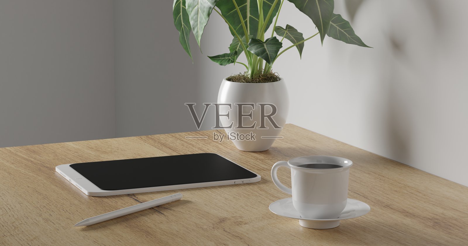 3d渲染咖啡杯,绿色植物和写字板铅笔在木桌上。最小的工作区。墙模板的概念。杯里的热咖啡。咖啡馆和餐厅模板。照片摄影图片