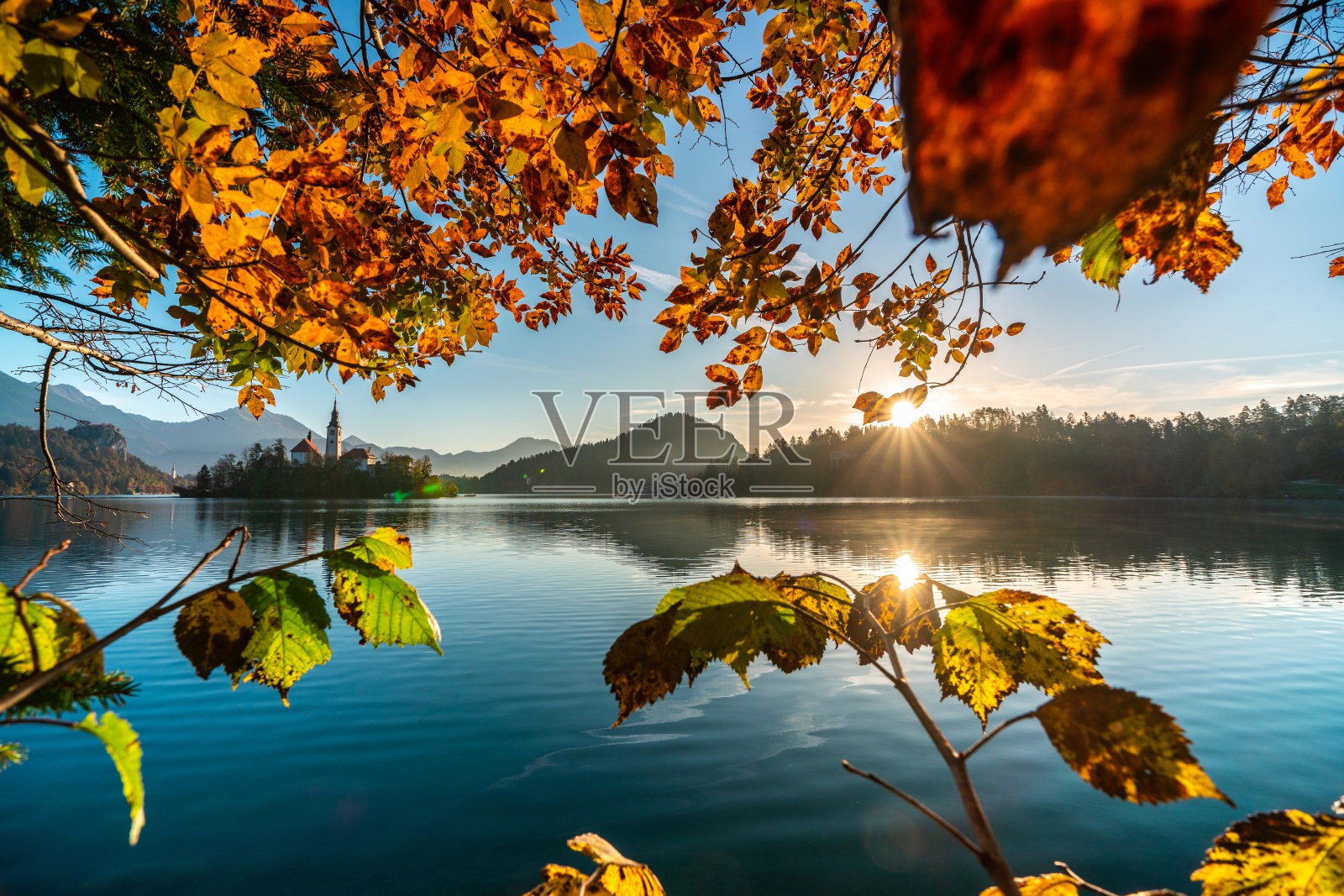 斯洛文尼亚著名的阿尔卑斯湖布莱德(Blejsko jezero)是令人惊叹的秋天风景。美丽的湖,岛屿与教堂,流血城堡,山脉和蓝天与云彩,背景在新鲜的空气照片摄影图片