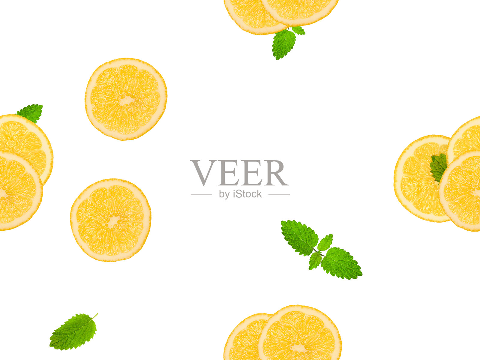 柠檬片和薄荷的无缝图案。俯视图,食物概念,水果背景。照片摄影图片