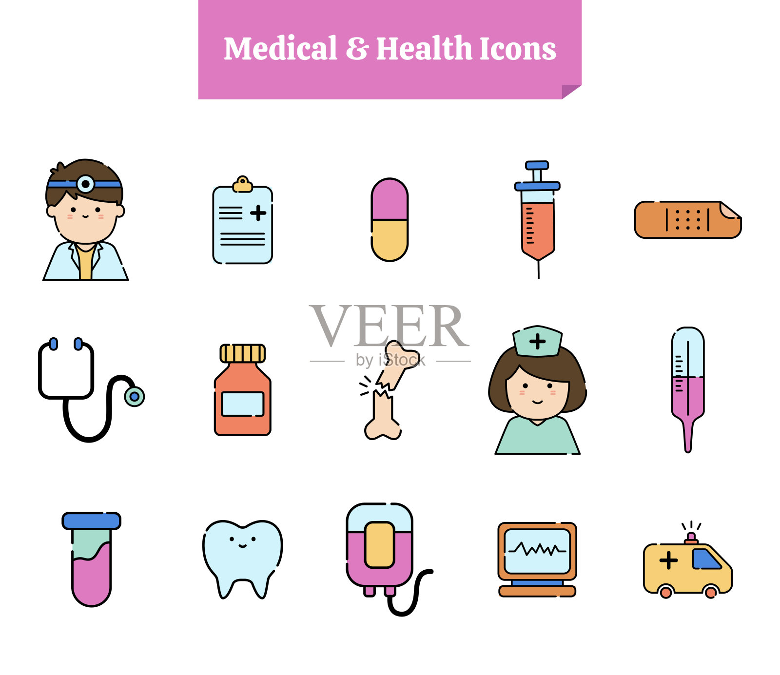 可爱的最小设置的医疗和健康线图标图标素材
