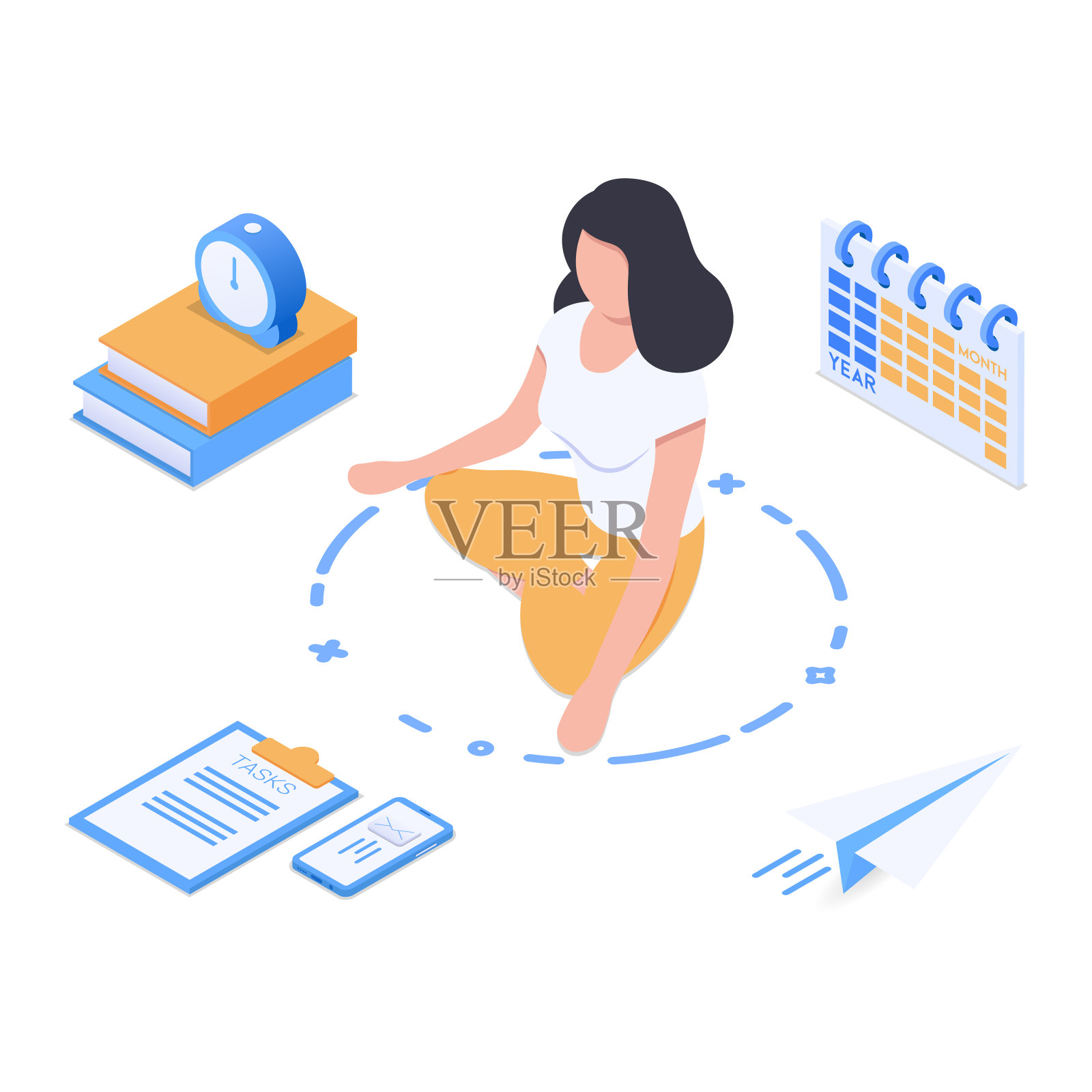 工作分解的概念。少女在莲花的位置退出了一切事务。缓解工作压力。插画图片素材