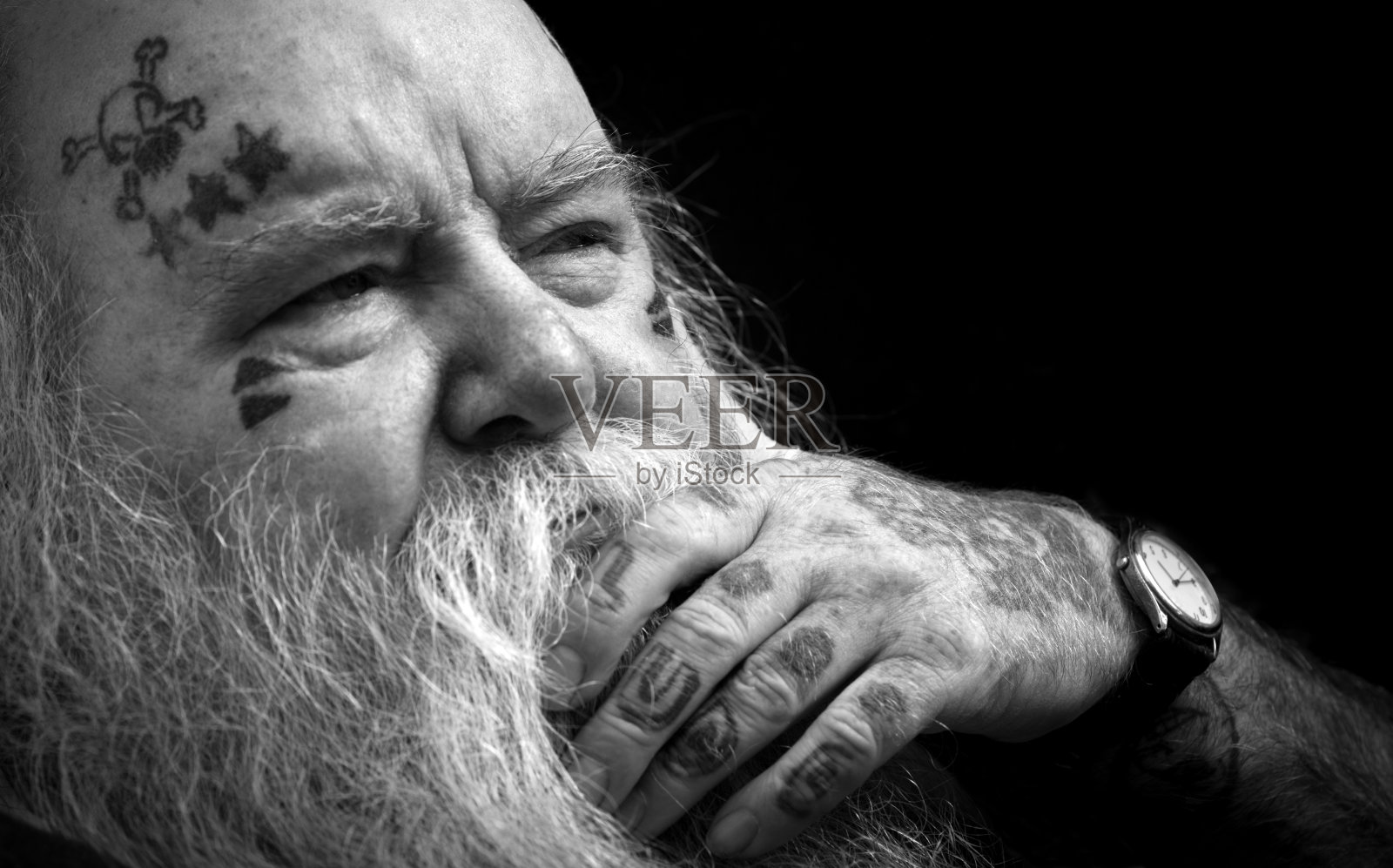 严肃而深思的英国男人肖像,手放在下巴上。照片摄影图片