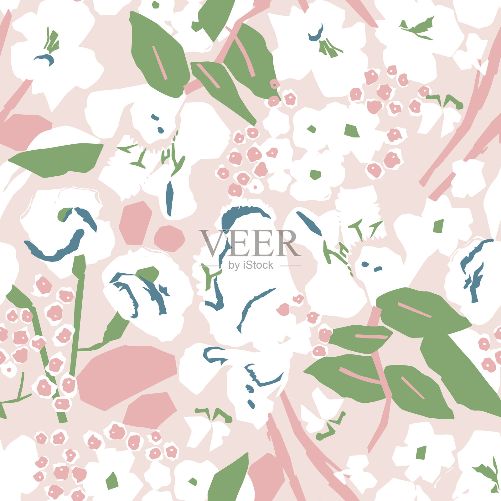 现代、简约、现代的花朵形状插图主题无缝重复图案浅粉色背景图案设计艺术品插画图片素材