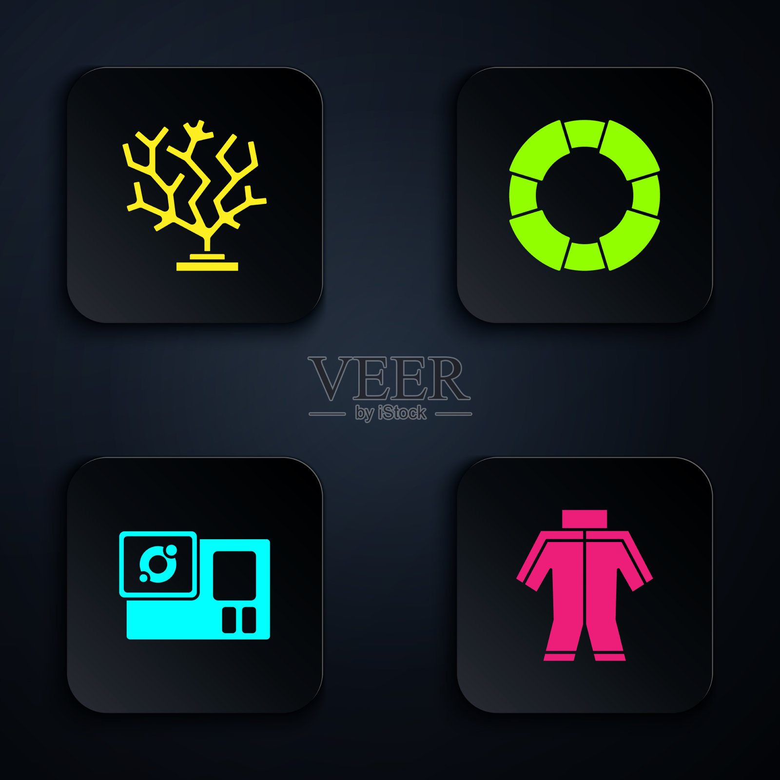 安装潜水服、珊瑚摄影机和救生圈图标素材