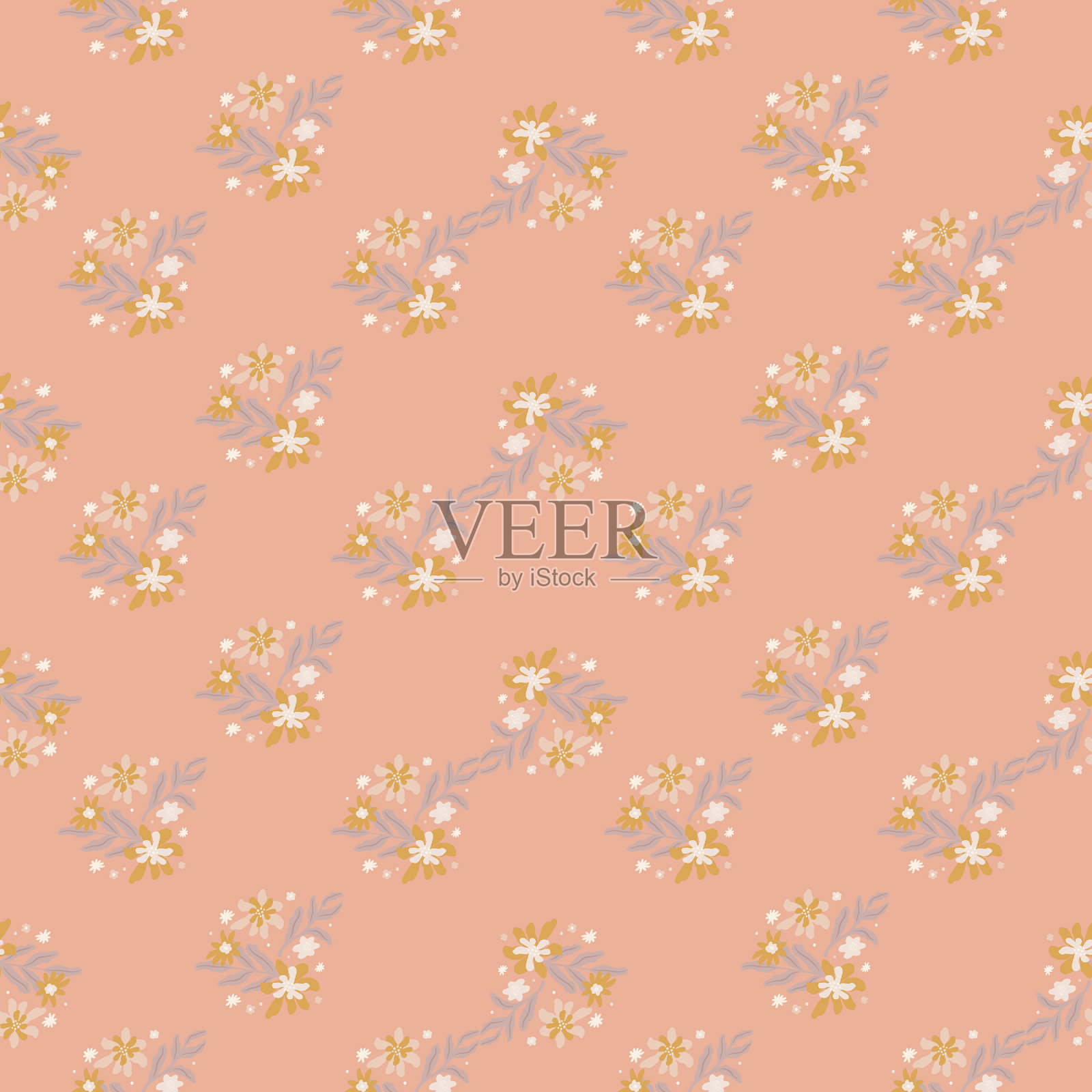 温柔的无缝图案与可爱的轮廓花插画图片素材