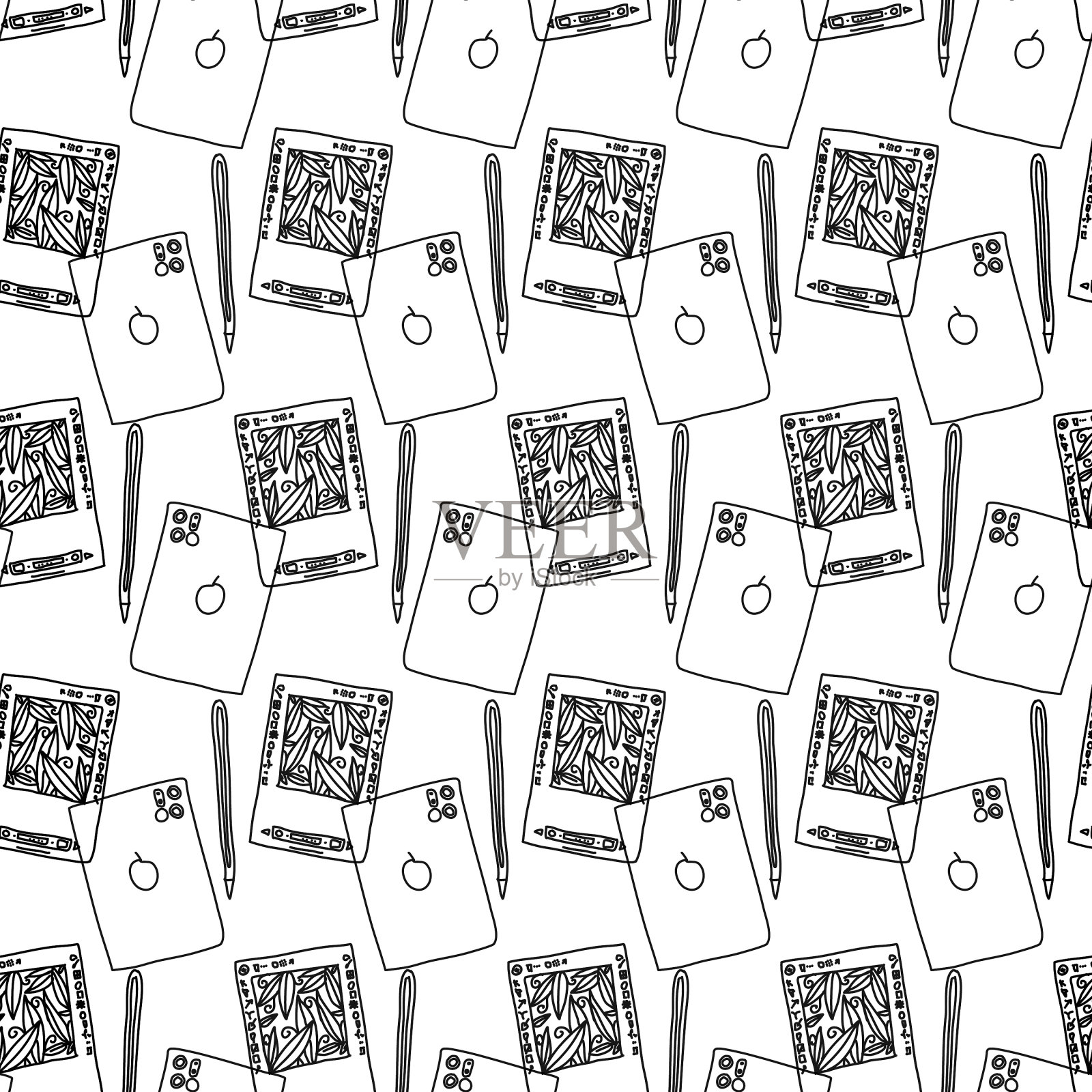 无缝模式与图形板和铅笔插画图片素材