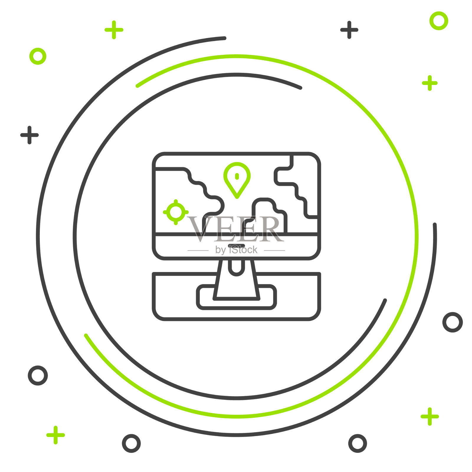 连线电脑显示器和折叠地图与位置插画图片素材