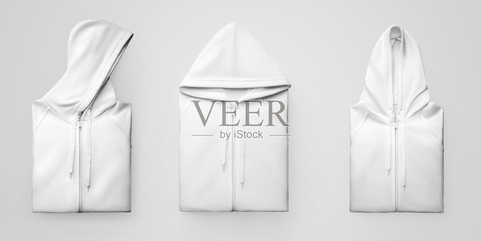 白色折叠帽衫的模型拉链关闭,拉绳,孤立的背景。集照片摄影图片