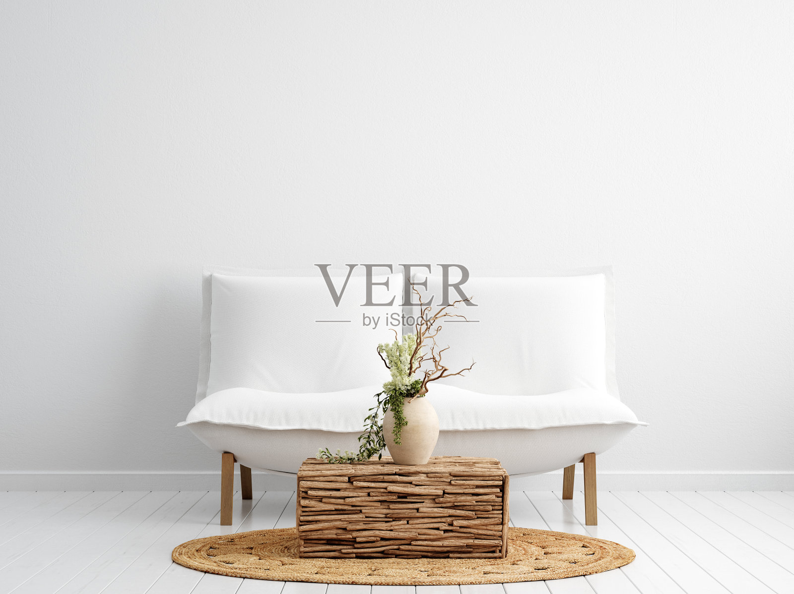 Scandi-boho风格的室内背景,墙面模拟照片摄影图片