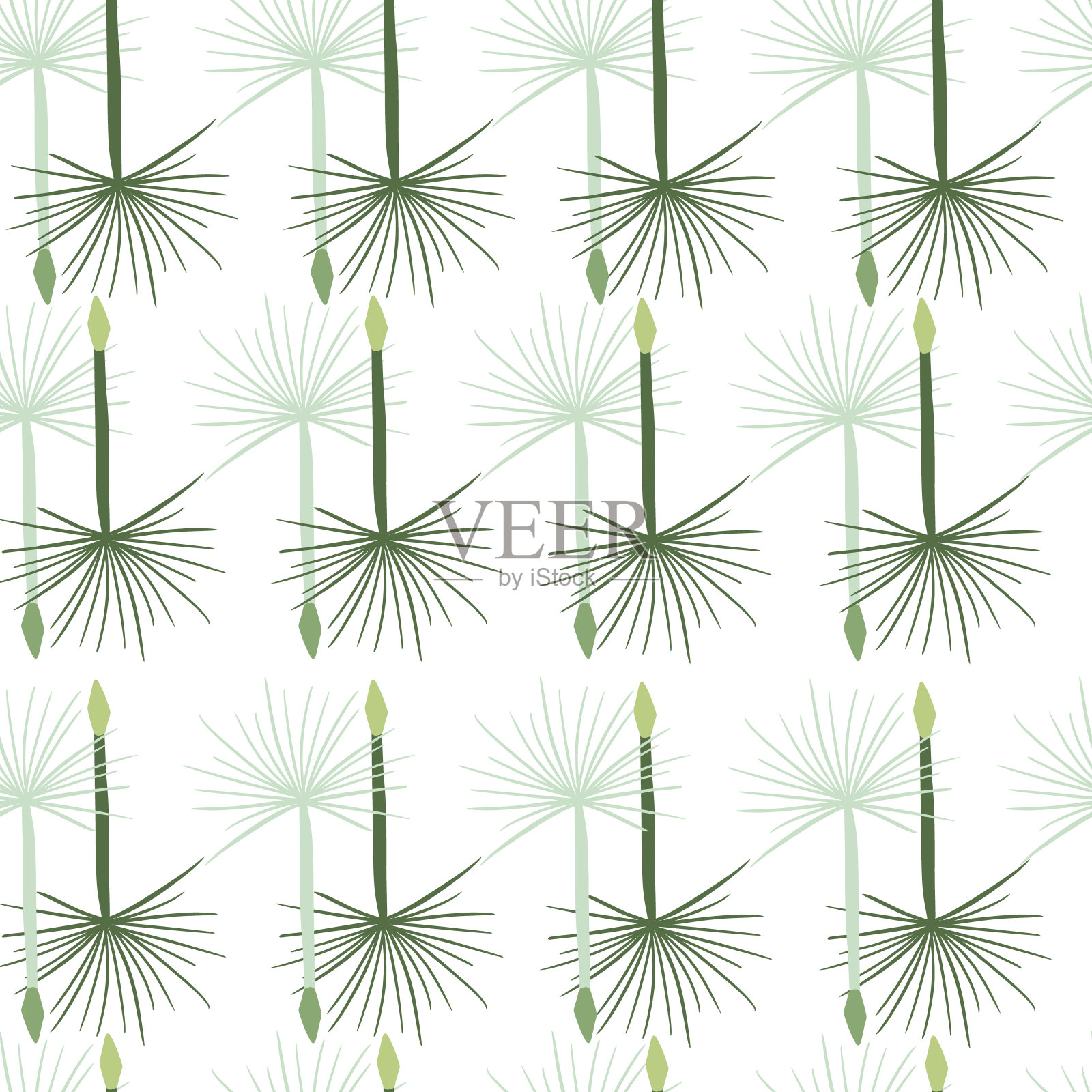 绿色和蓝色蒲公英花无缝手绘图案。孤立打印与白色背景。插画图片素材