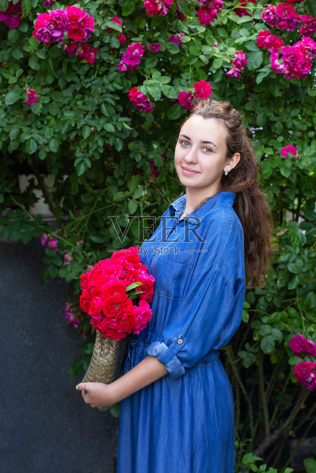 美丽的少女在牛仔连衣裙与鲜花在玫瑰花园袋。照片摄影图片