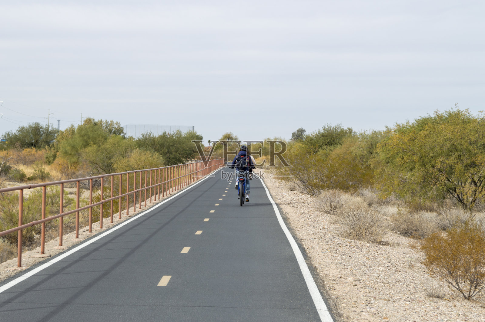 在冬季的亚利桑那州公共自行车道上骑电动自行车的女人照片摄影图片