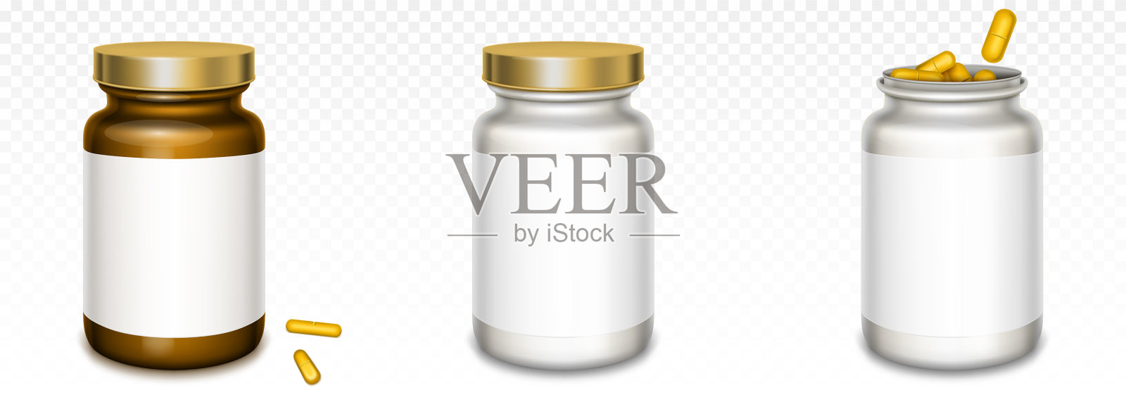 带有金色盖子的药瓶和黄色药丸设计元素图片