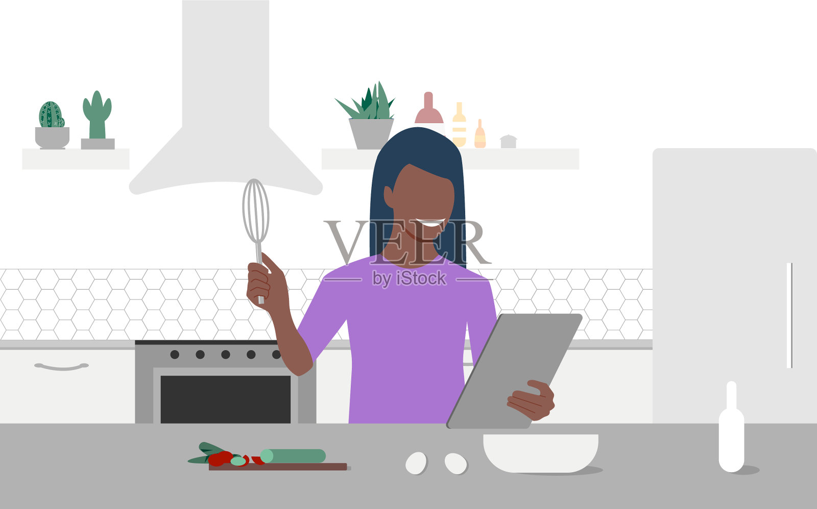 一个年轻的黑人妇女看着平板电脑和烹饪插画图片素材