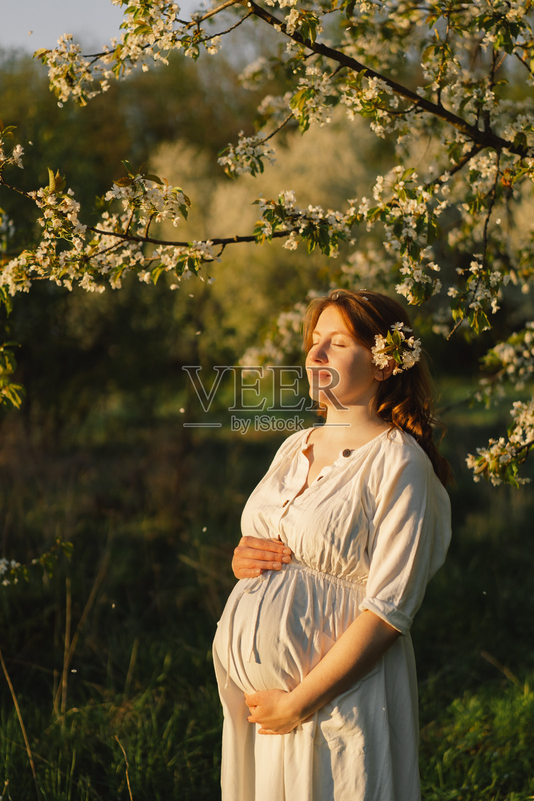 一个孕妇的春照。一位美丽的年轻孕妇穿着白色的裙子在春天的花园里散步。快乐的怀孕。照片摄影图片