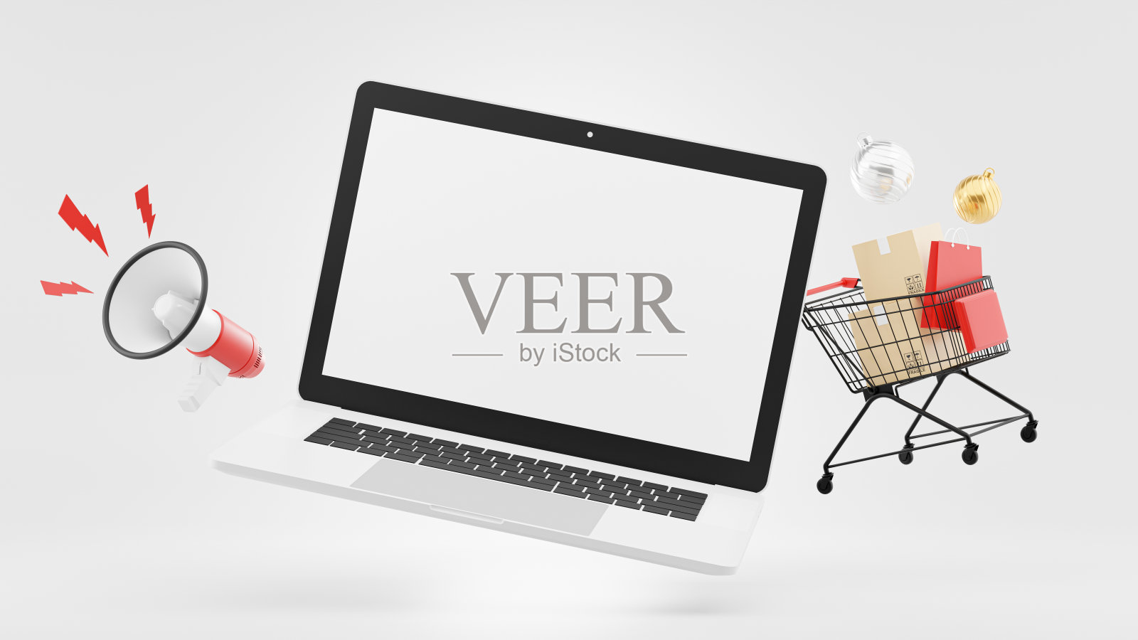 笔记本电脑的3d渲染与购物时间概念为您的模型设计照片摄影图片